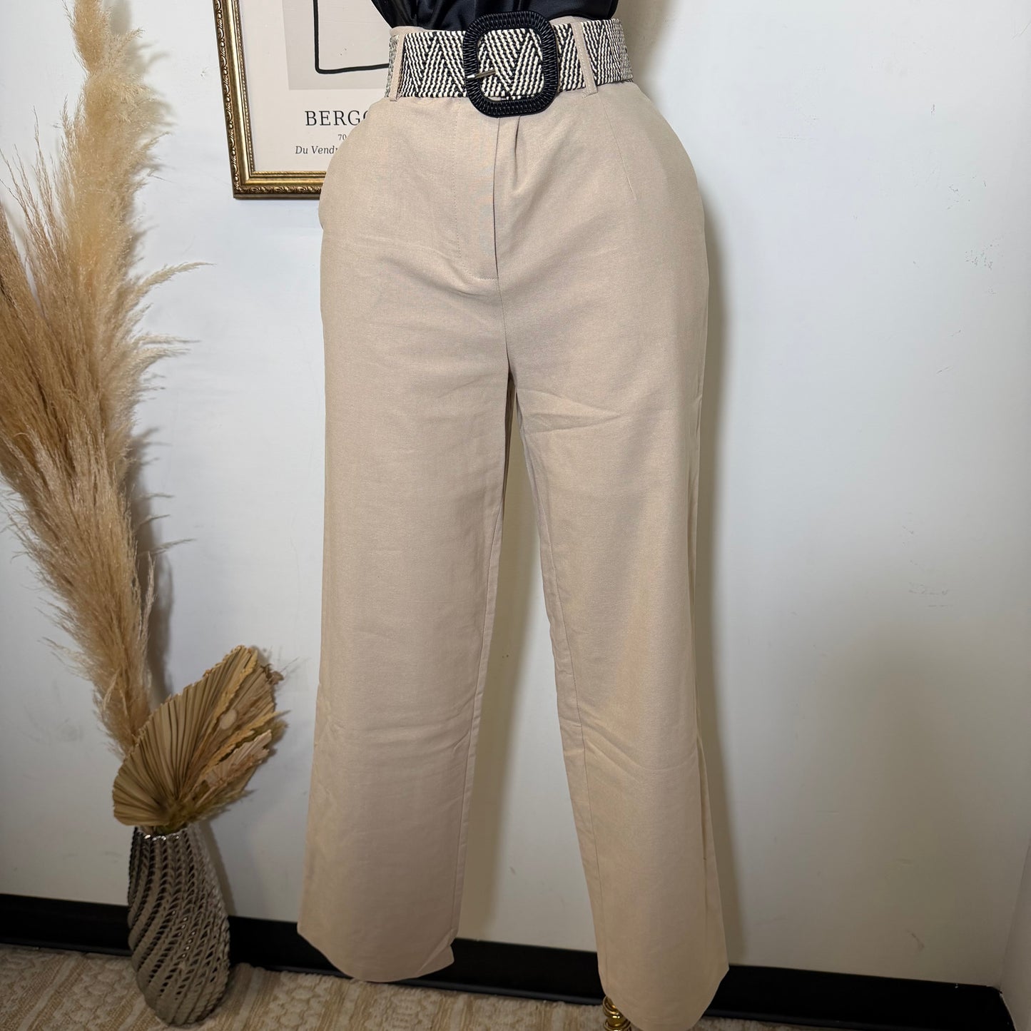 Linen Tribal Pattern Belt Wide Leg Pants-Khaki