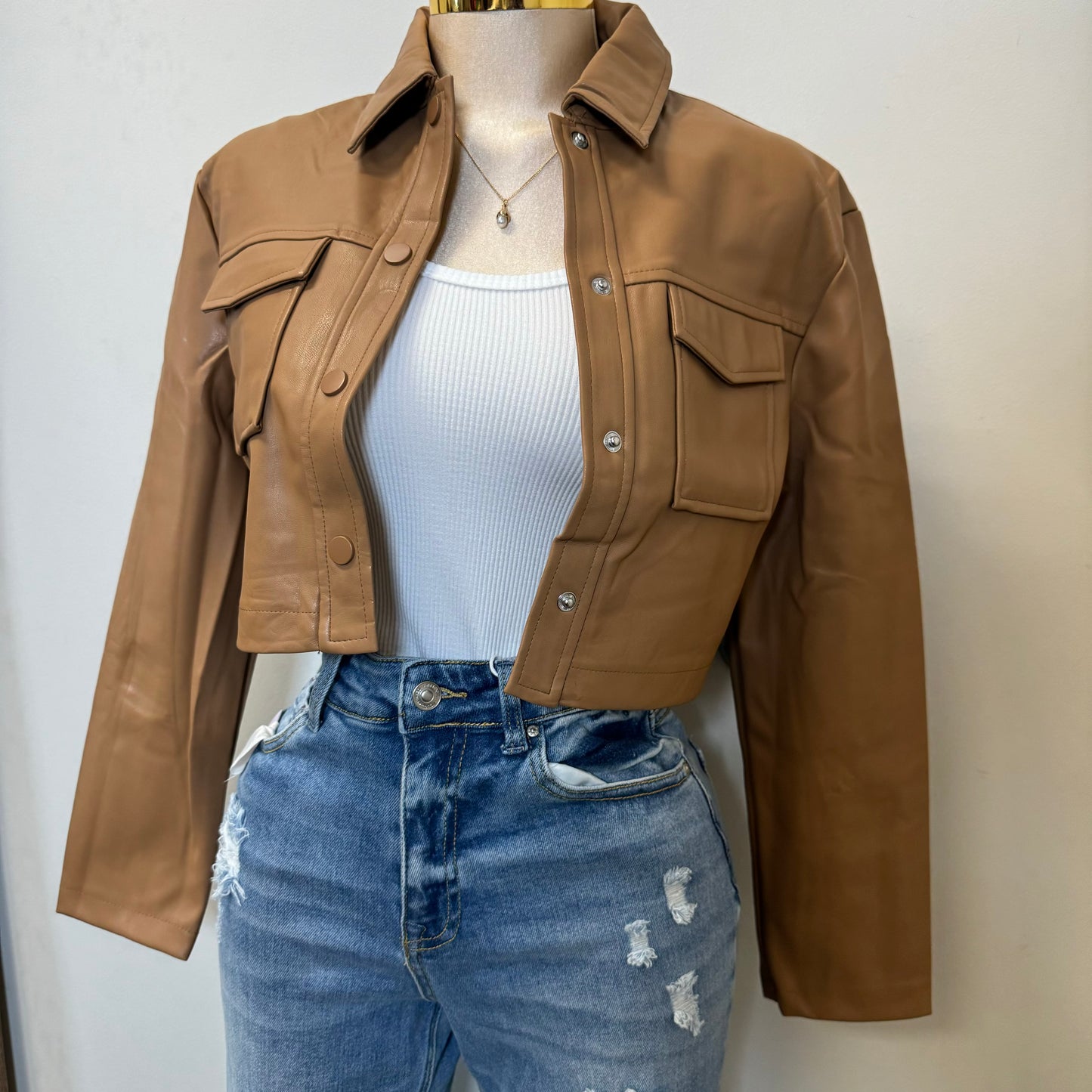 Lulú PU Leather Cropped Jacket -Brown