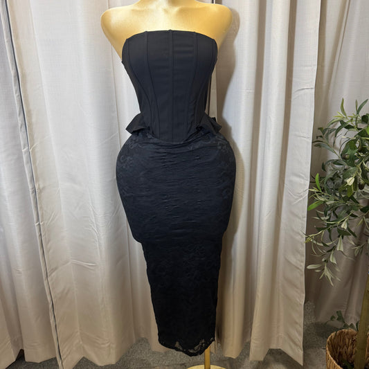 Strapless Corset Lace Midi Dress-Black