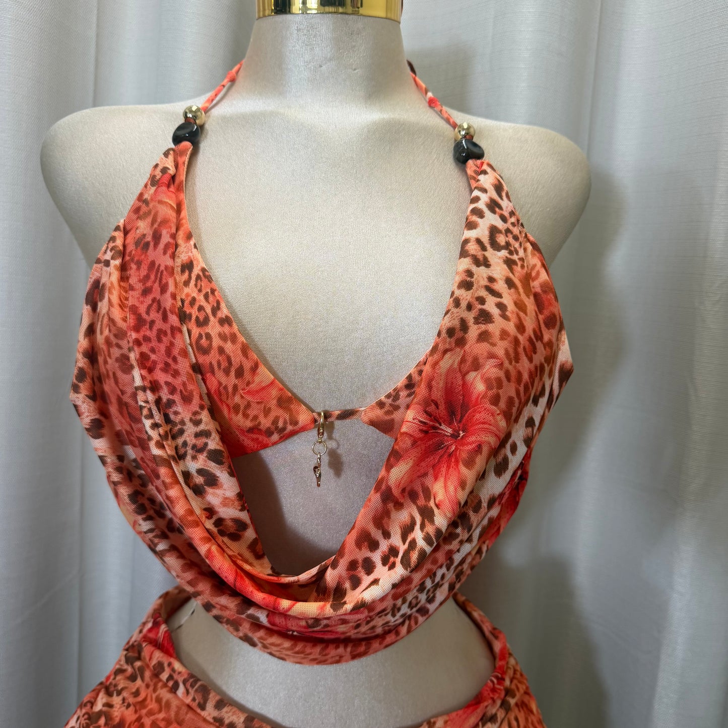 Floral halter open-Back Shirt set-Orange