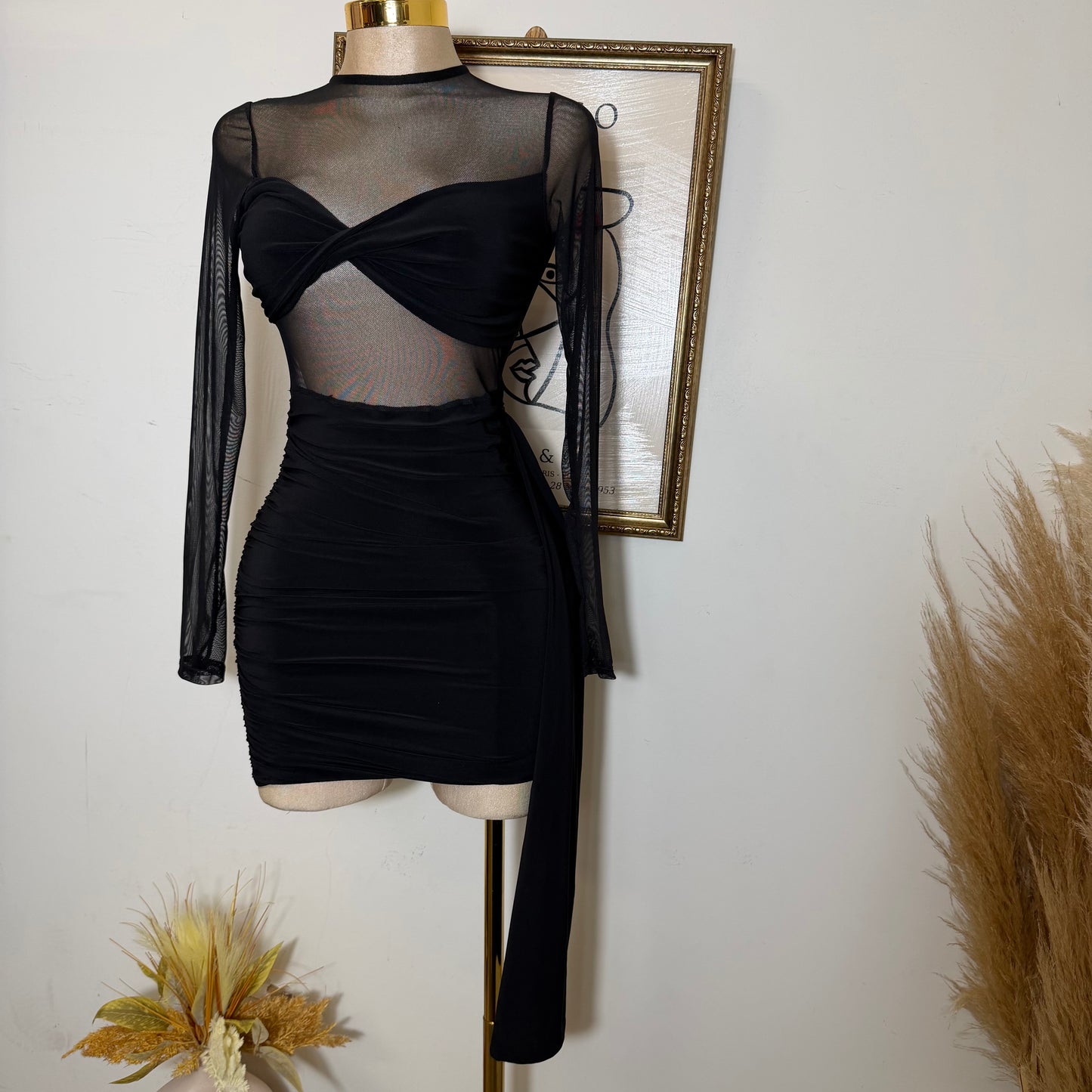 Solid Fabric with Mesh Match Mini Dress-Black
