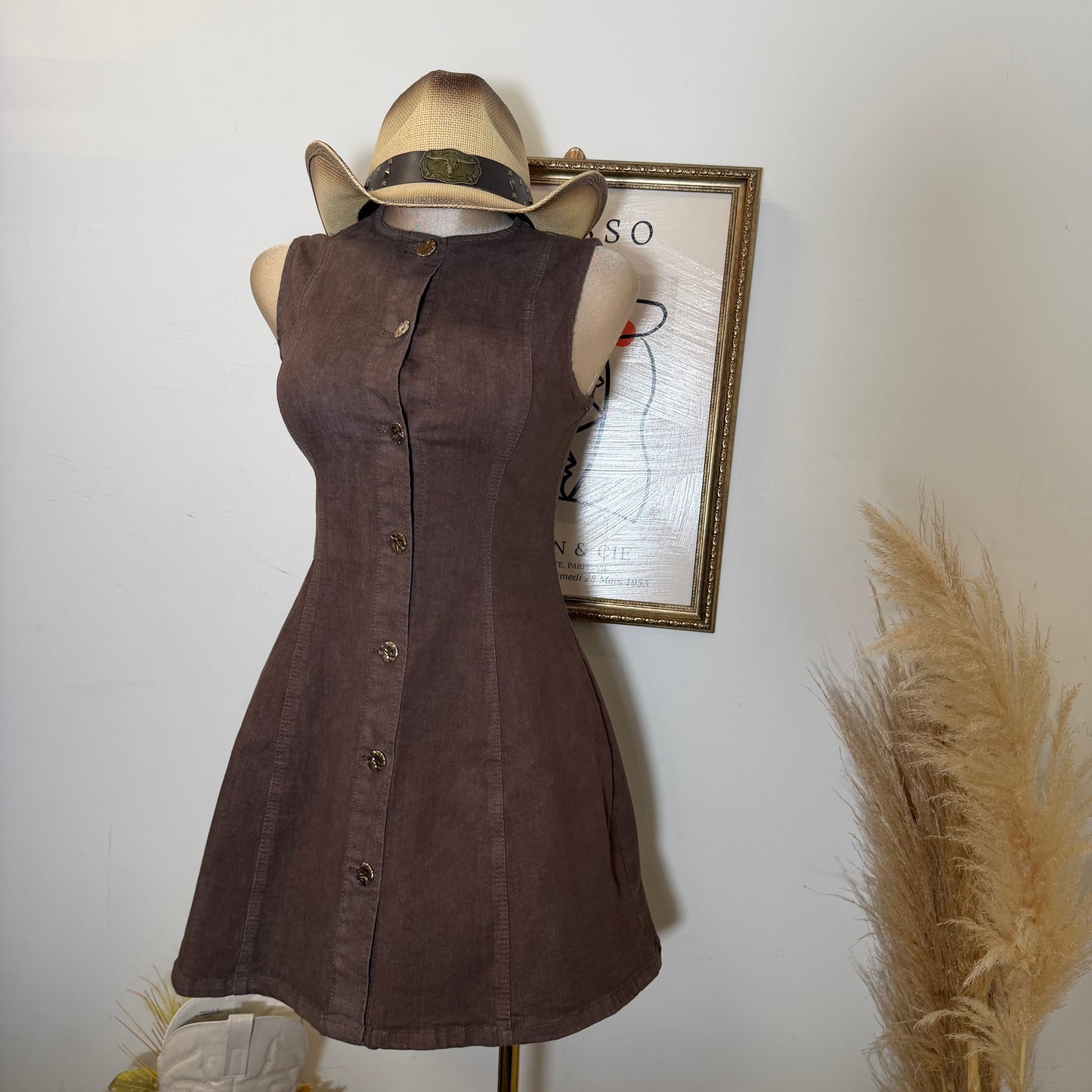 Sleeveless Denim Mini Dress -Brown
