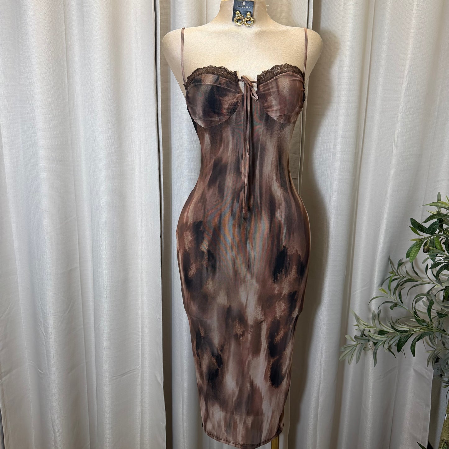 Spaghetti Multi Colored Mesh Midi Dress-brown Multi