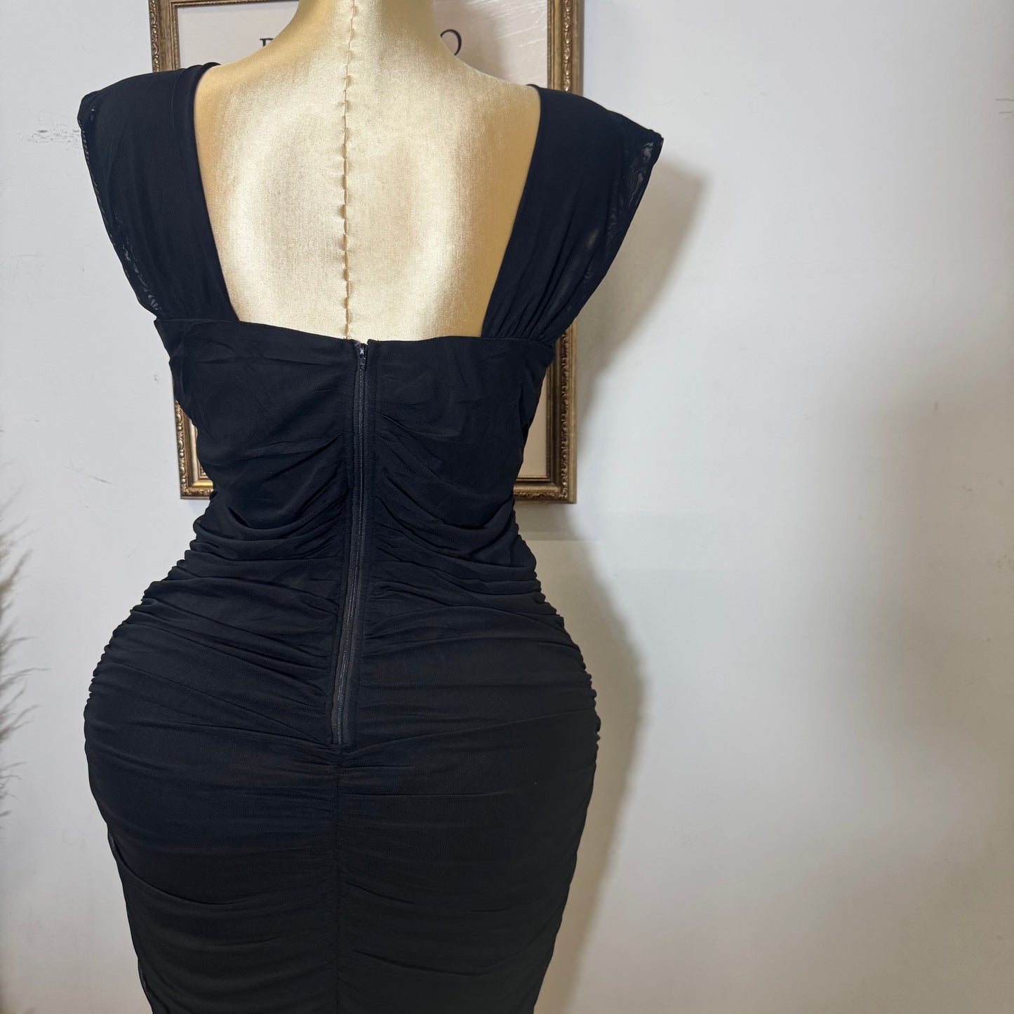 PL Sleeveless Square Neck Ruched Mesh Dress-Black