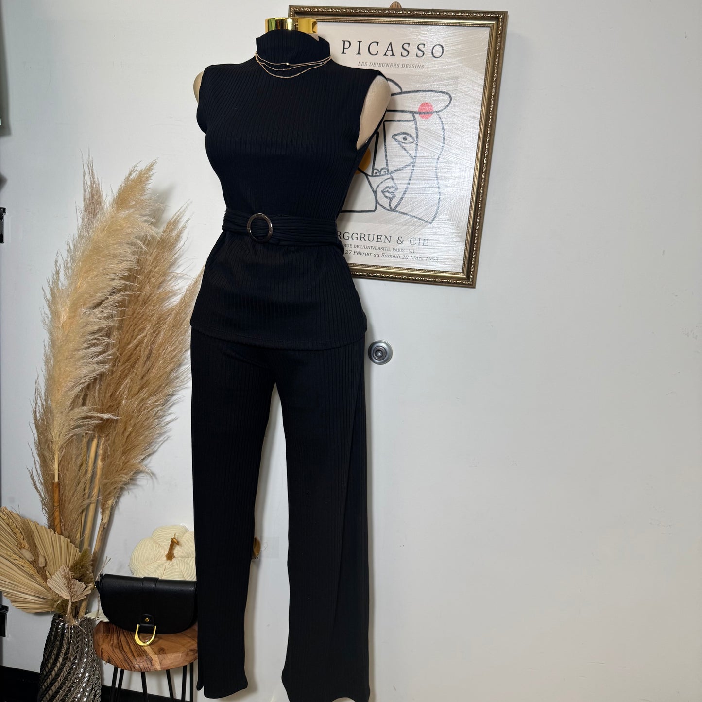 Sleeveless Mock neck with Belt rib knit Top and Wide Rib Knit pants-Black