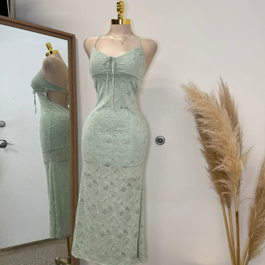 Tie Front Open Back Maxi Dress -Sage Green