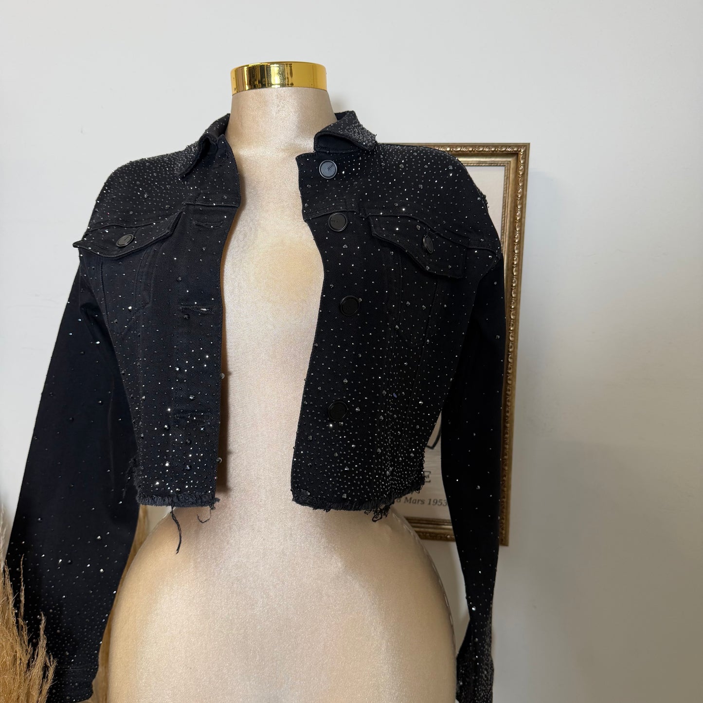 Rhinestone Cropped Jeans Jacket-Black