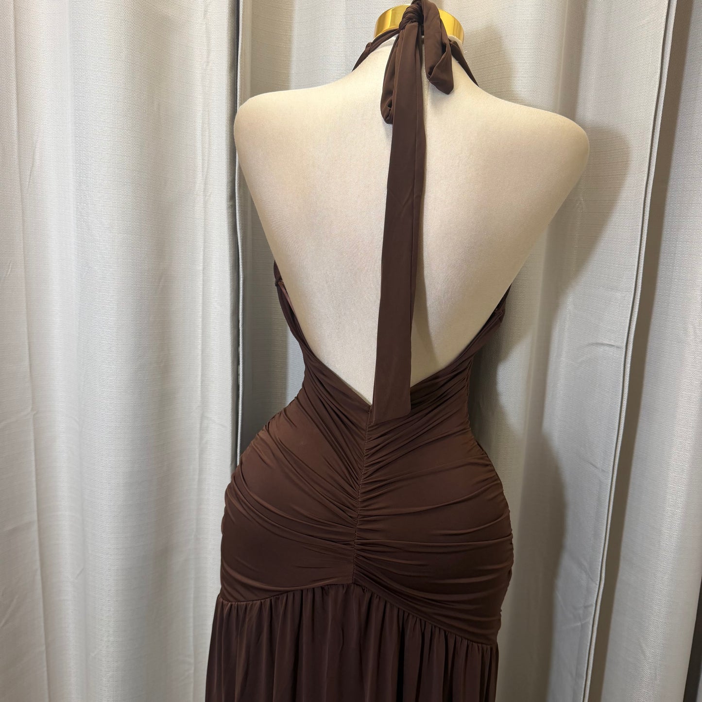 Halter Plunging Neckline Ruched Maxi Dress-brown