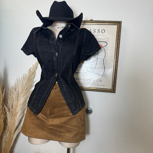 Short Sleeve Button Front Denim Top-Black