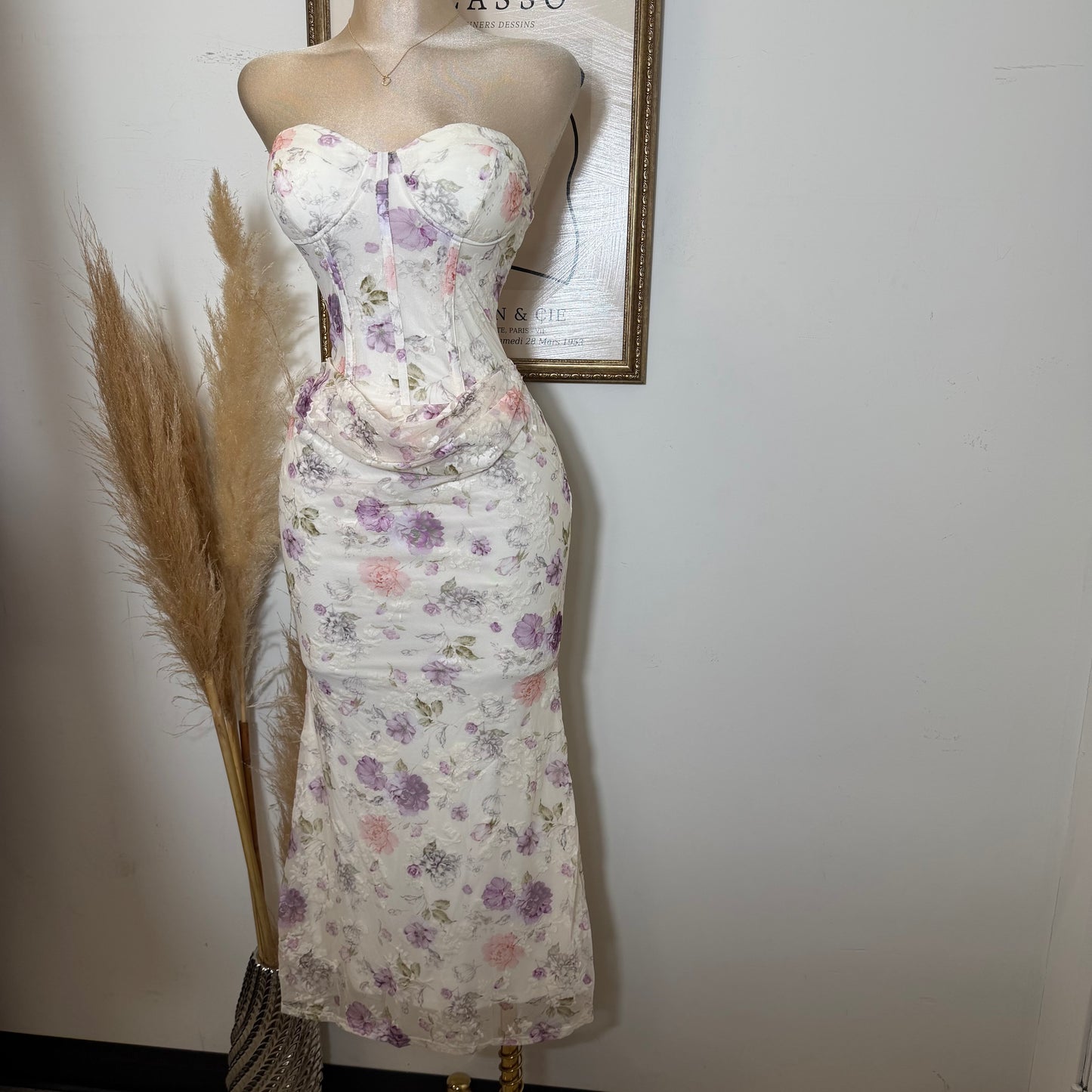 Strapless Floral Print Corset Midi Dress-Ivory Purple