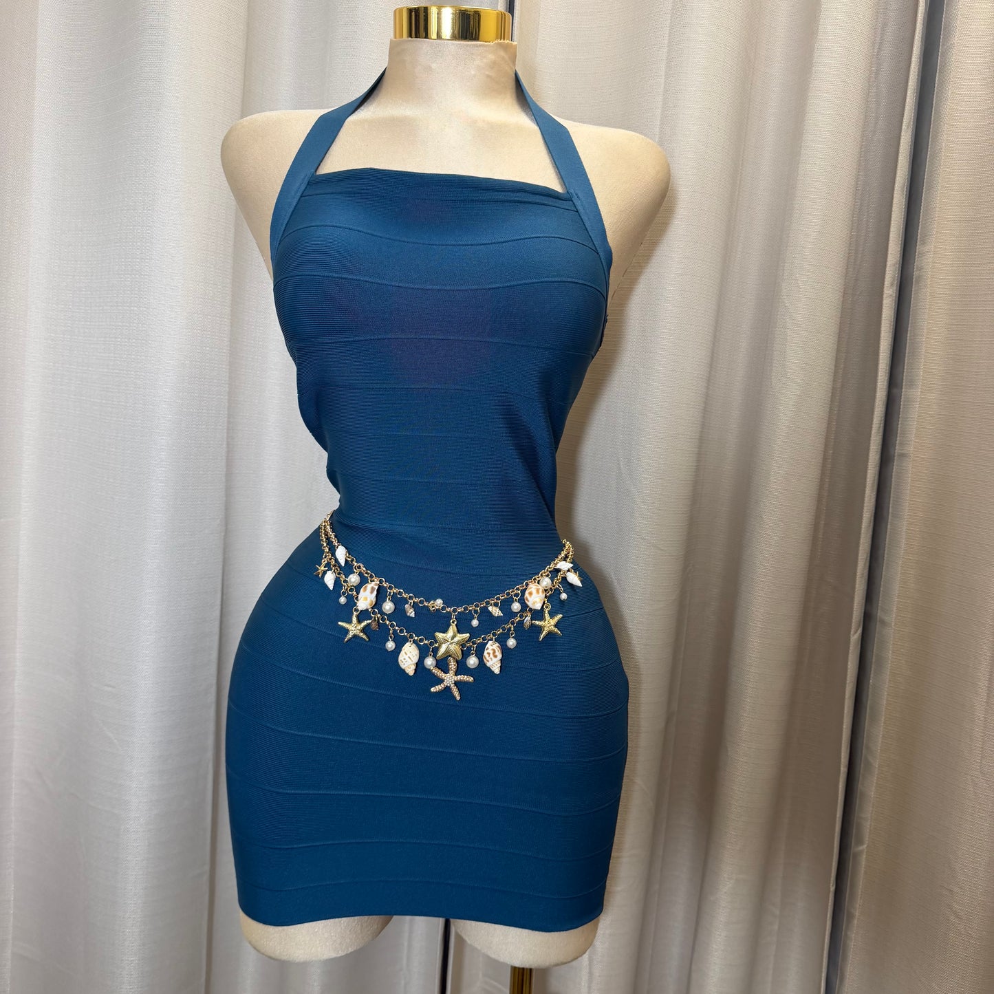 Sleeveless Halter Bandage Mini Dress-Teal