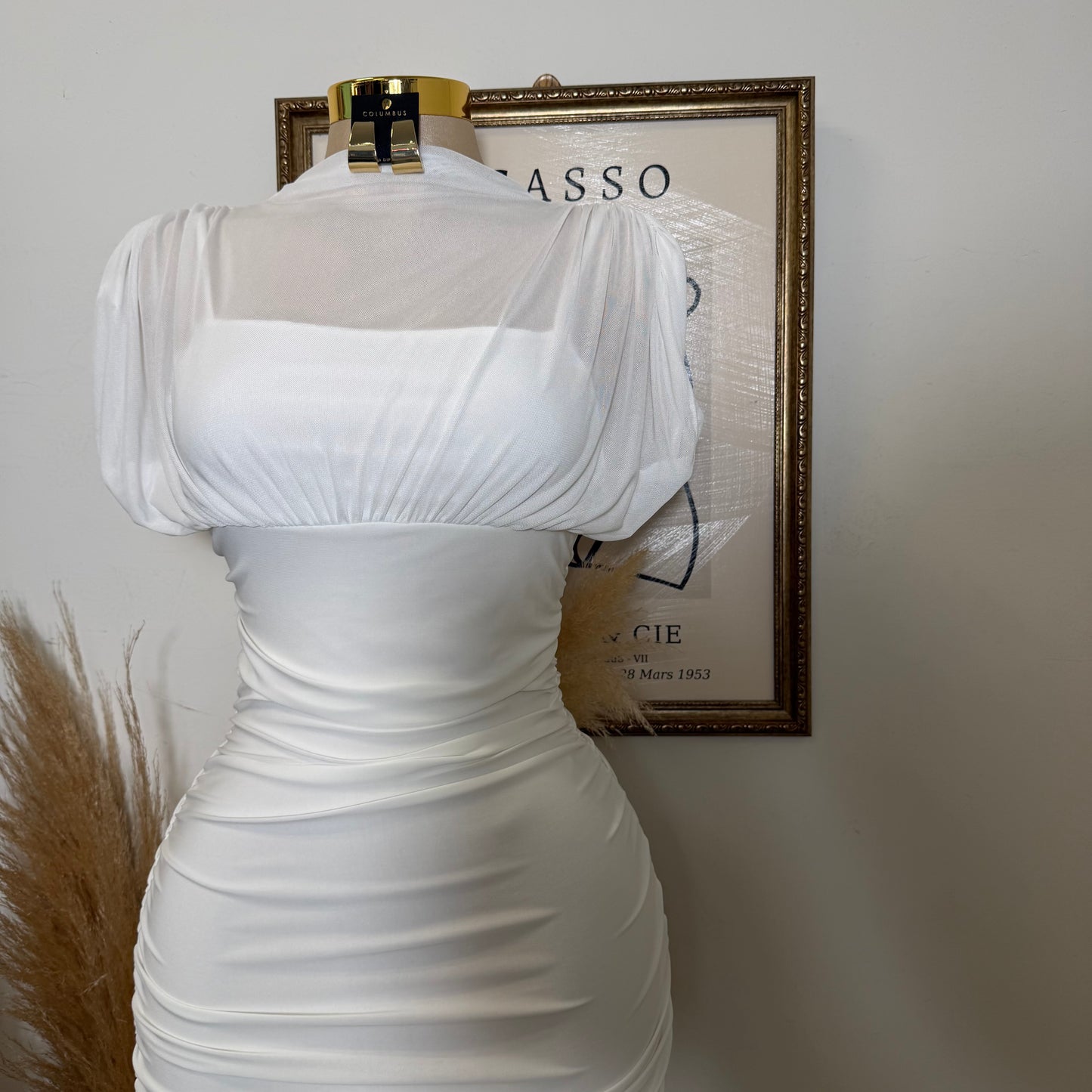 Mesh & Knit Mix Long Dress-Ivory