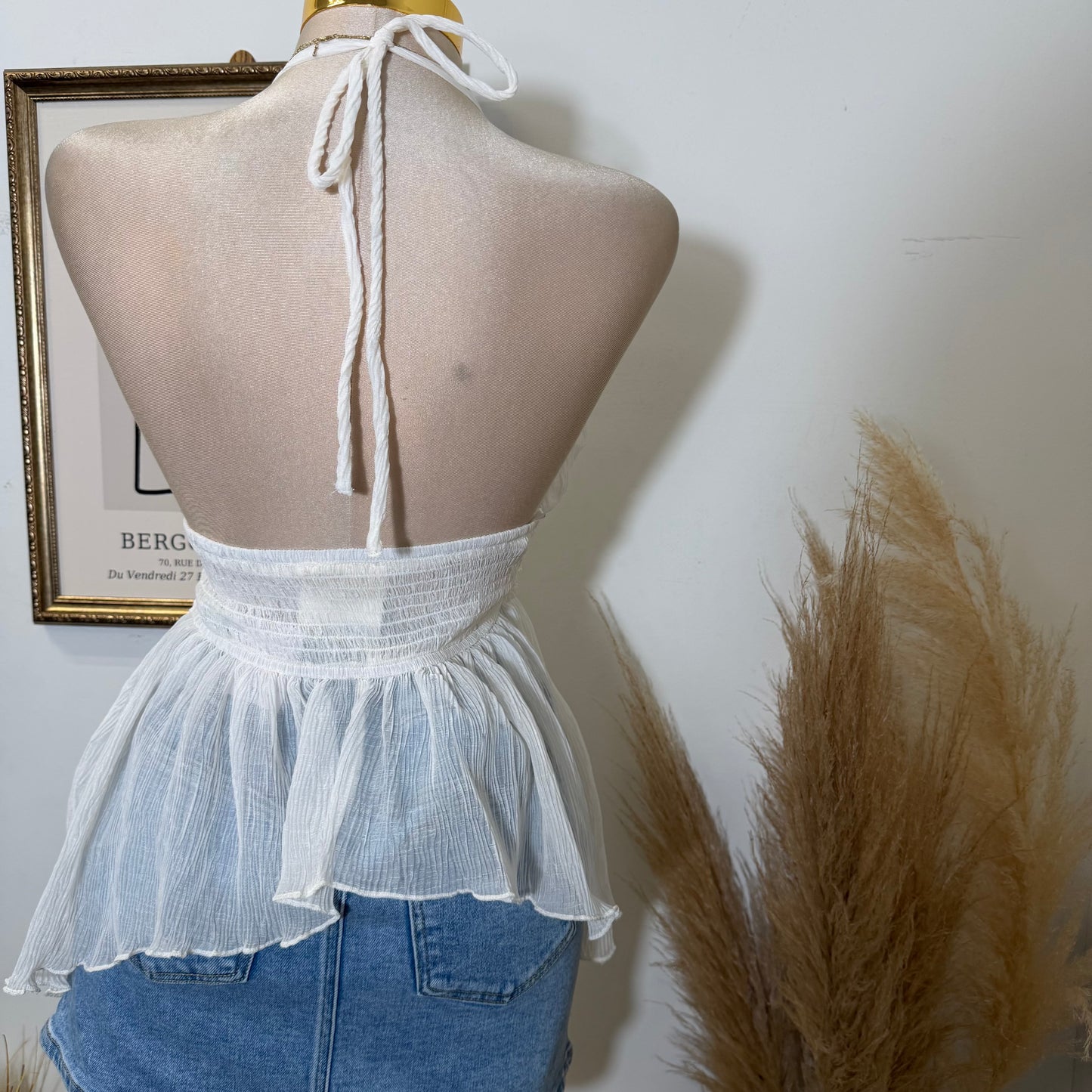 Textured Open back Top With Trim-Ivory