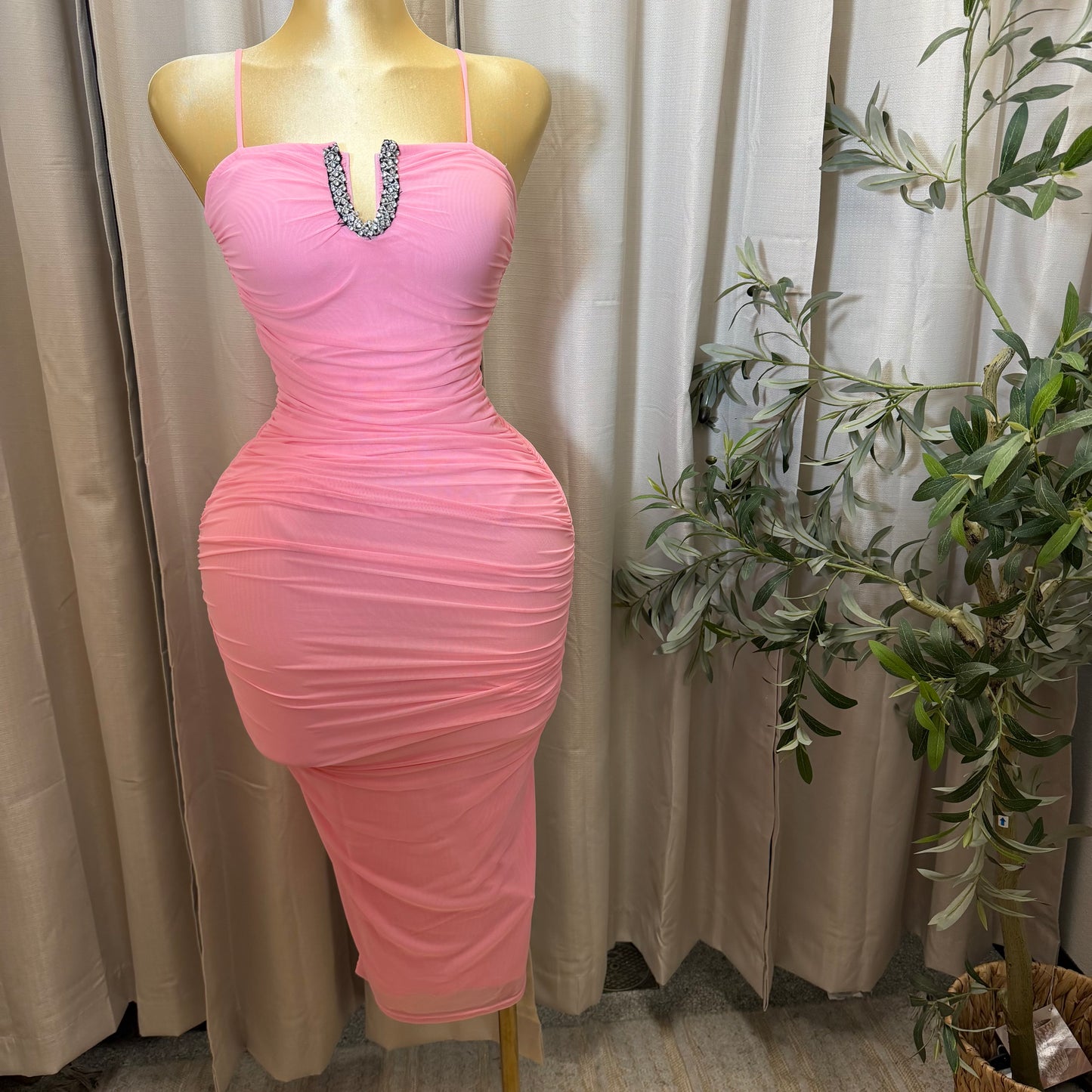 Rhinestone Spaghetti Midi Dress-Pink