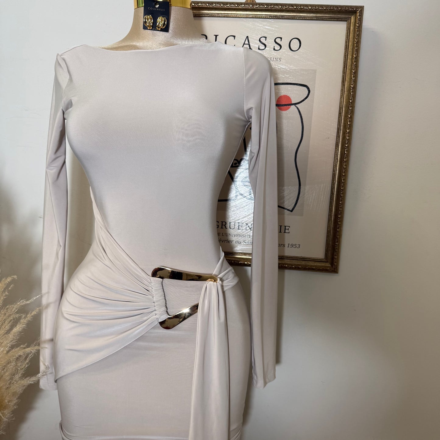 Long Sleeve Drape Trim Detail Mini Dress-Stone