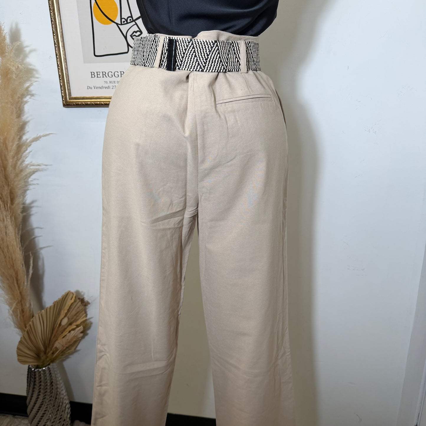 Linen Tribal Pattern Belt Wide Leg Pants-Khaki