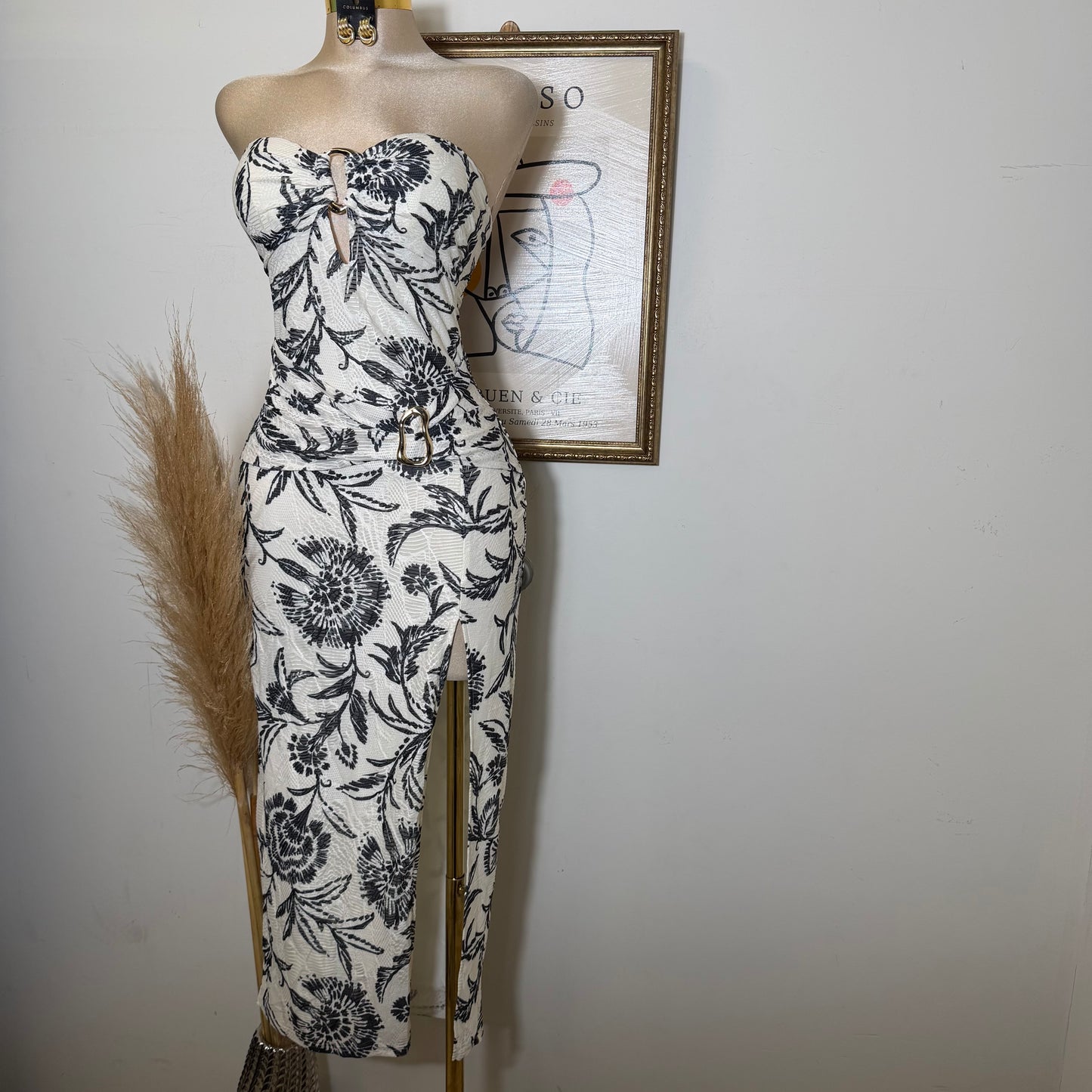 Printed Knit Jacquard w/ Metal Trim Tube Midi Dress-Black/White
