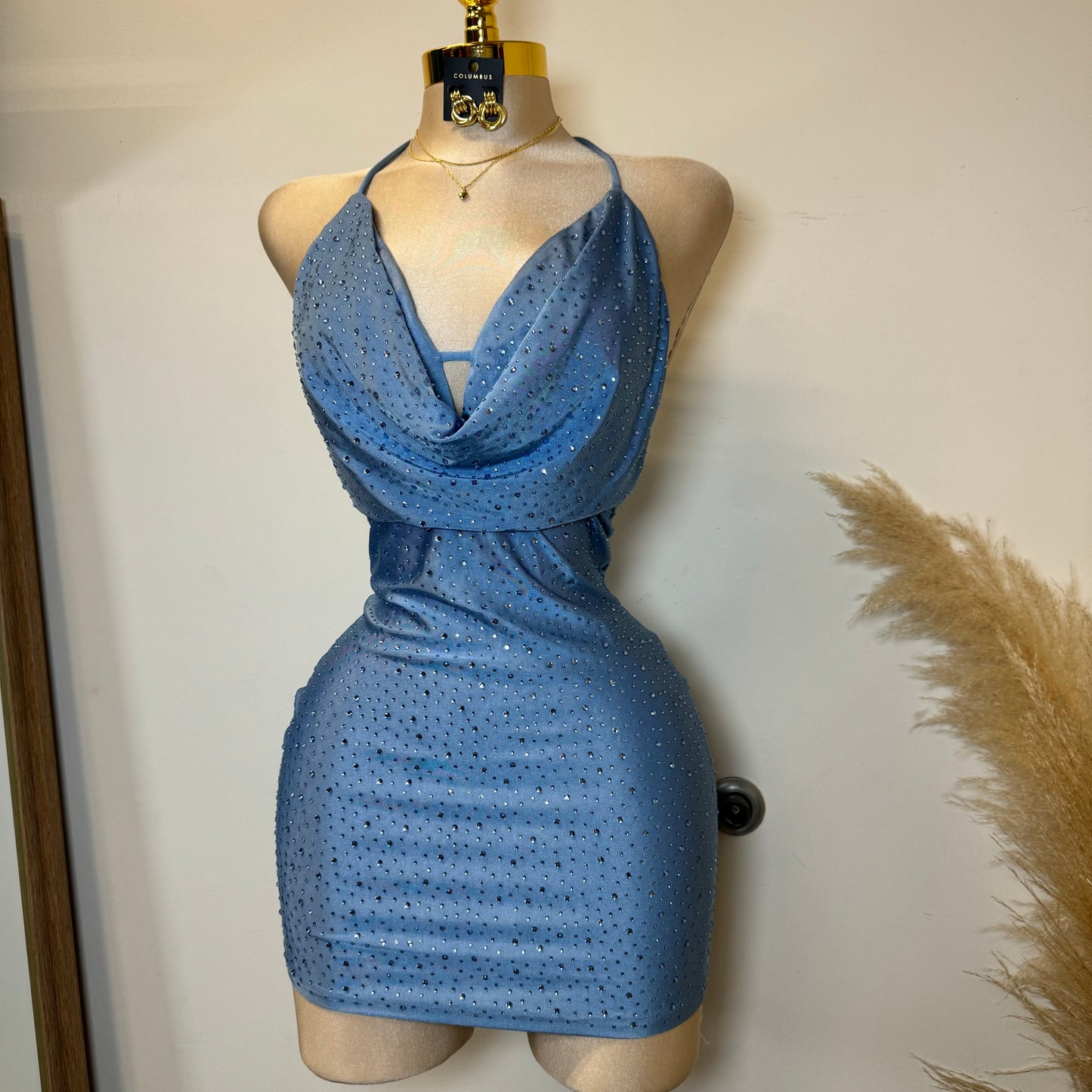 Cowl Rhinestone Dress-Baby Blue