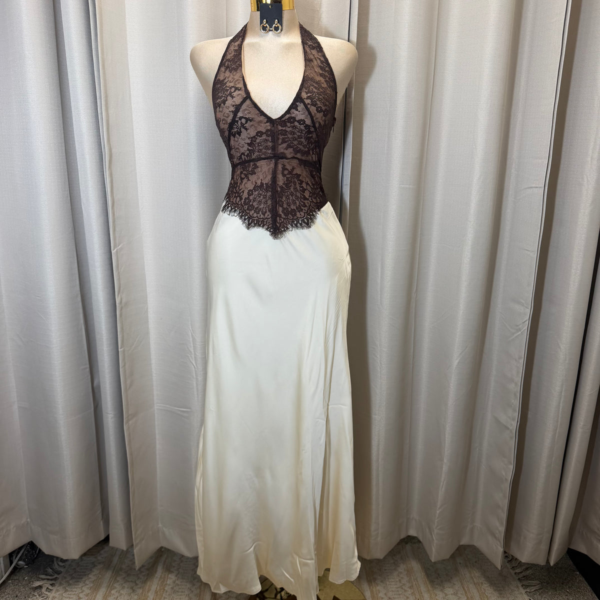 Romance Lace Halter Maxi Dress-Cream/Brown
