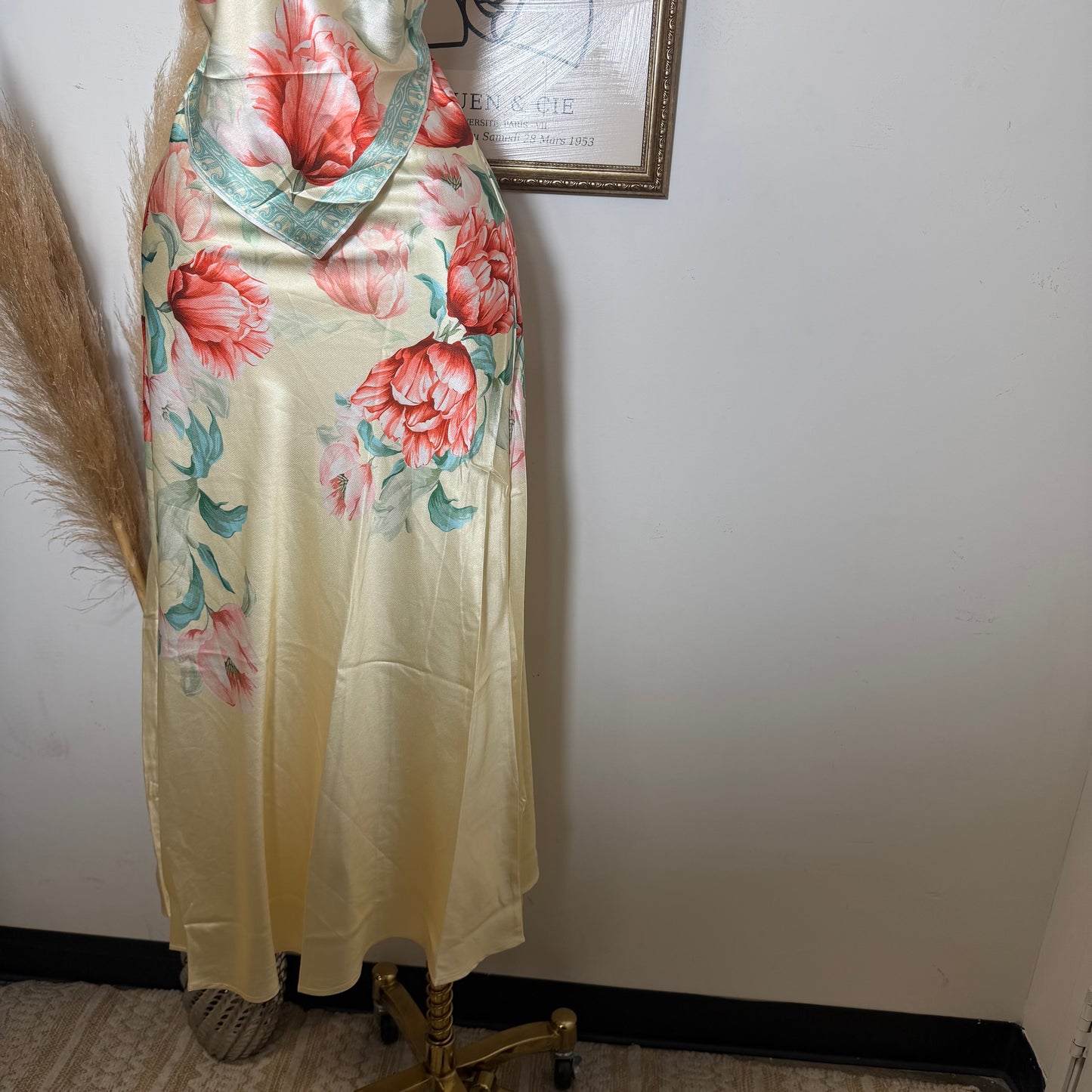 Floral strapless Satin Top and Maxi skirt set-Butter yellow