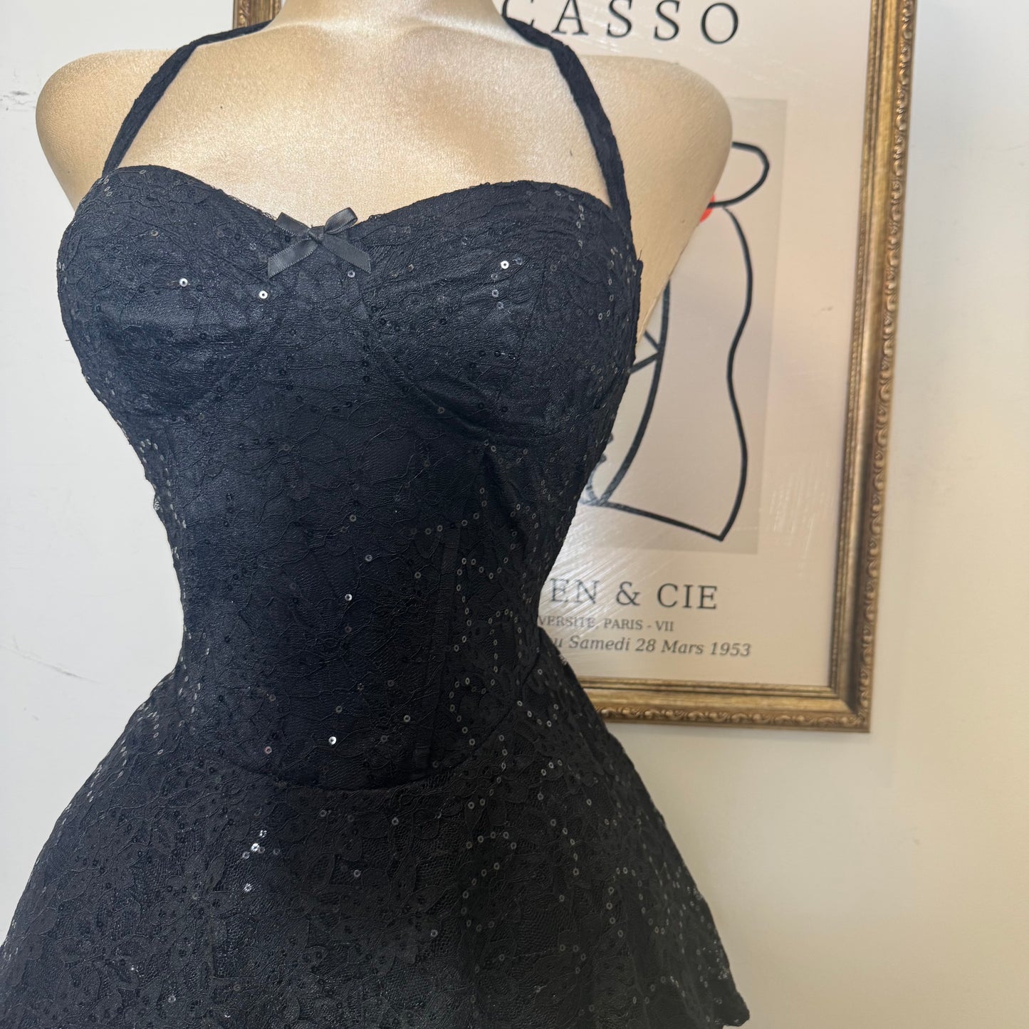 Sequined Halter Mini Dress with Tiered Skirt-Black