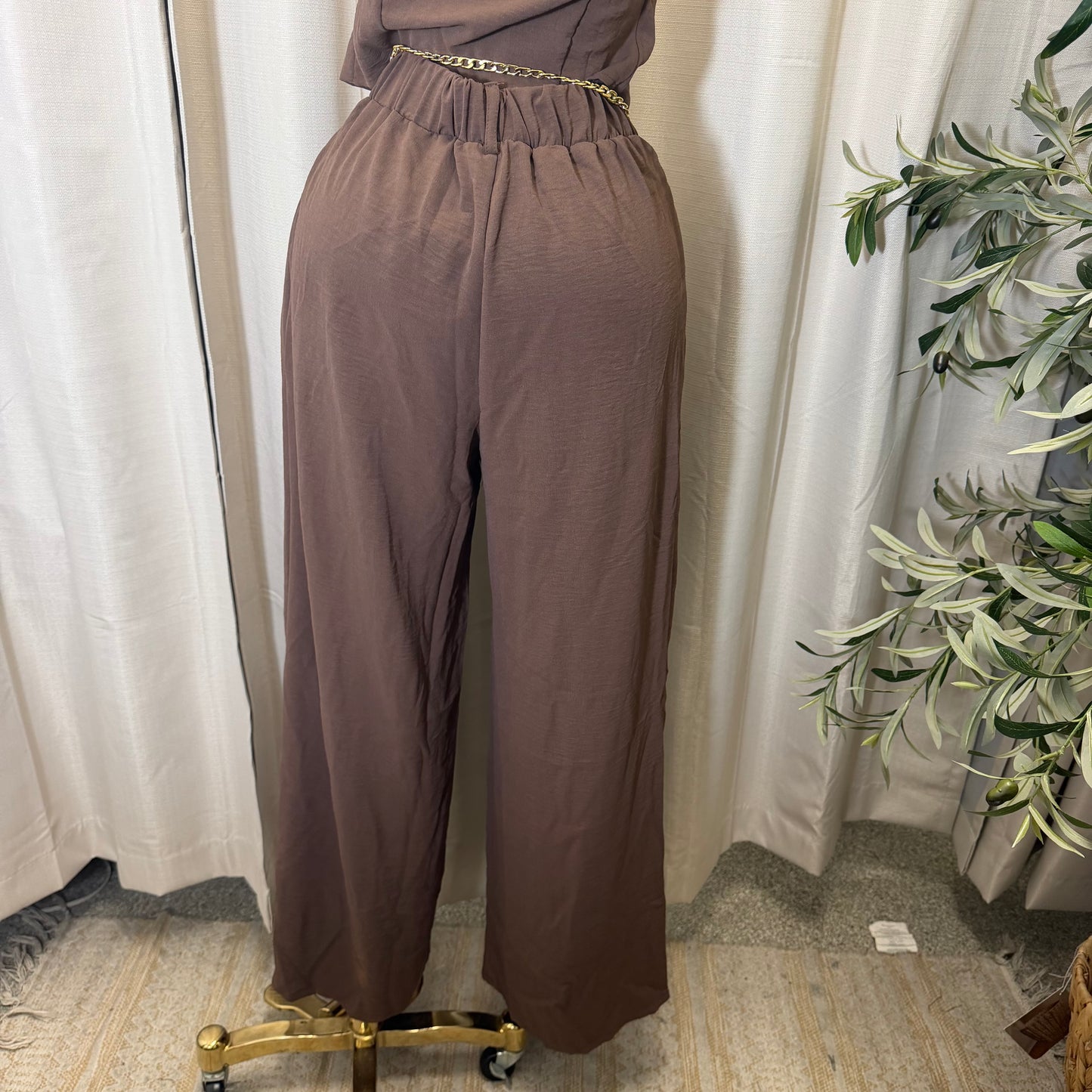Front button Down Crop Top and Chain Belt Wide leg pant set-brown