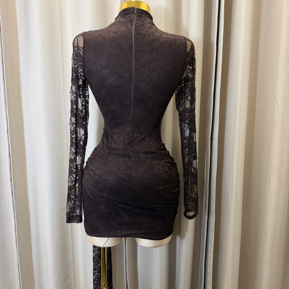 Long Sleeve lace front  Sash With Trim Detail Mini Dress-Brown
