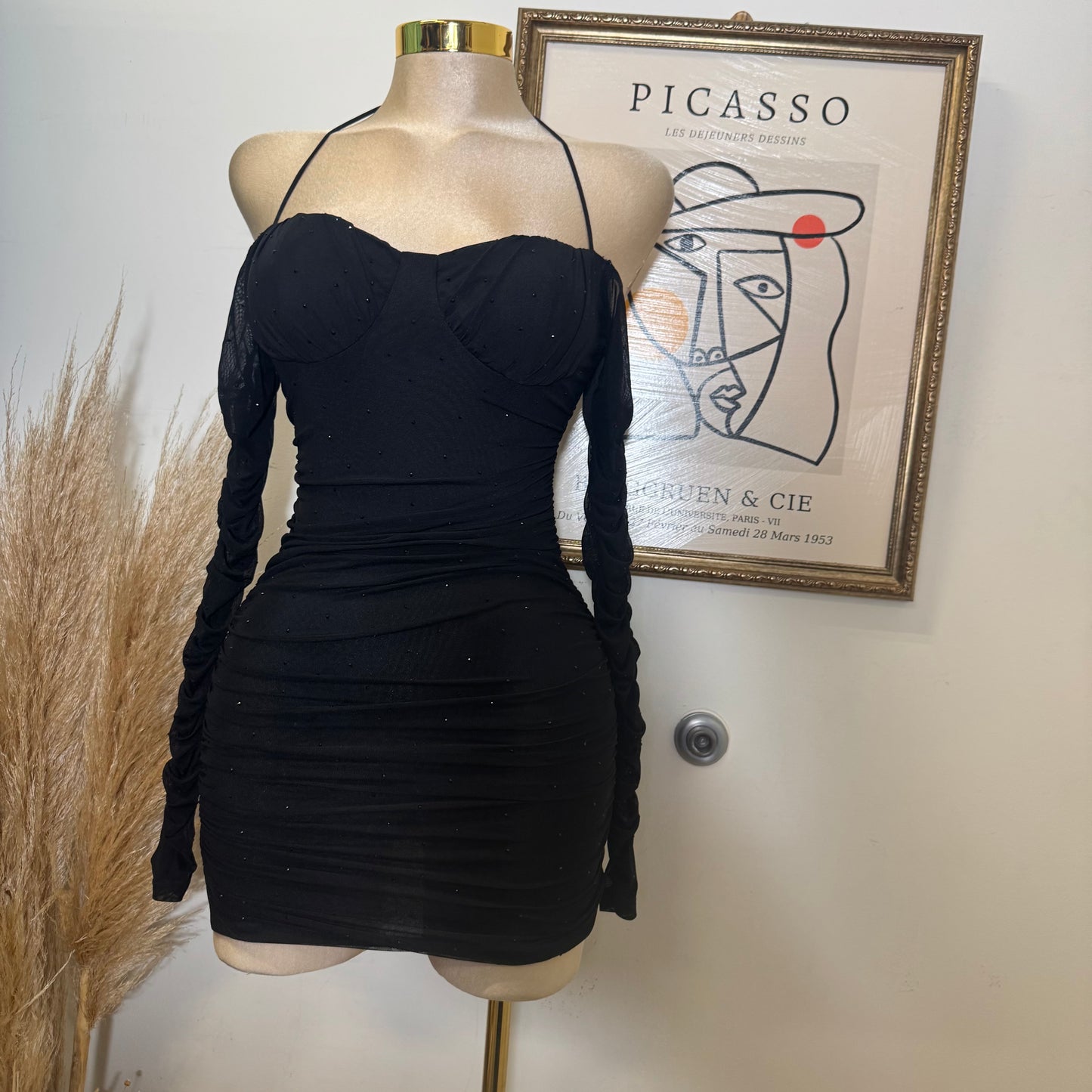 Mesh With Hotfix Rhinestone Long Sleeve Mini Dress-Black