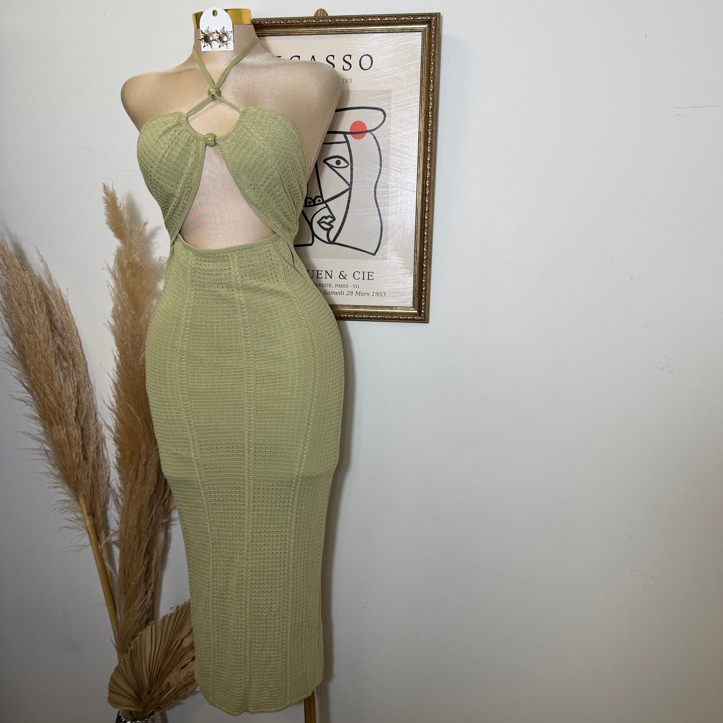 Textured Fabric Stone Trim Halter Midi Dress-Sage