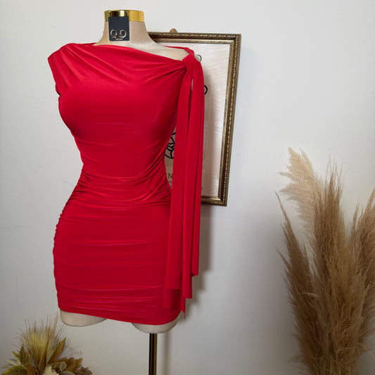 Off Shoulder Ruched Side Tie Mini Dress-Red
