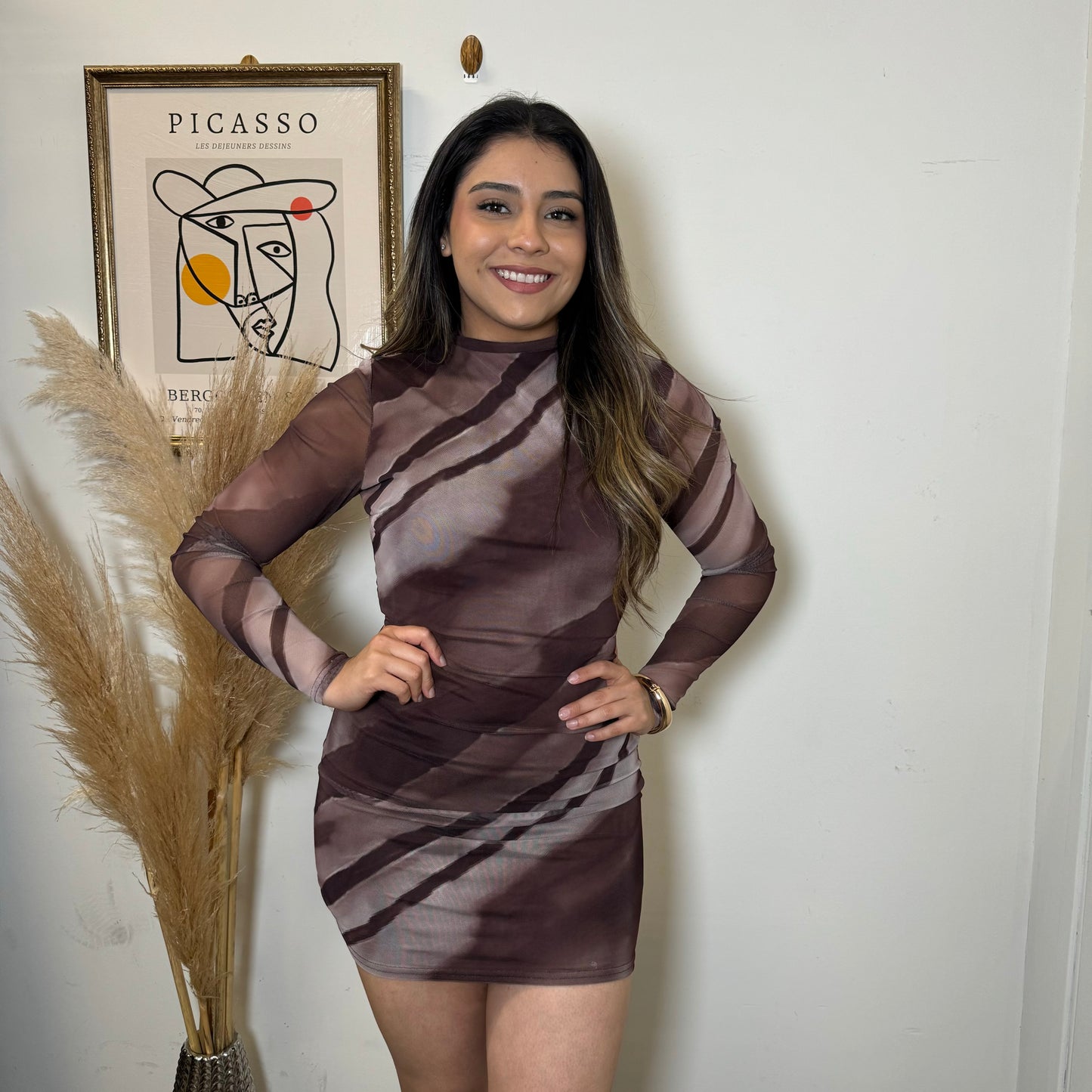 Mock Neck Open Back Long Sleeve Dress-Mocha Mousse