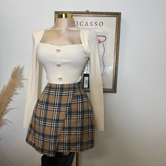 Plaid Wrap Skirt-Brown