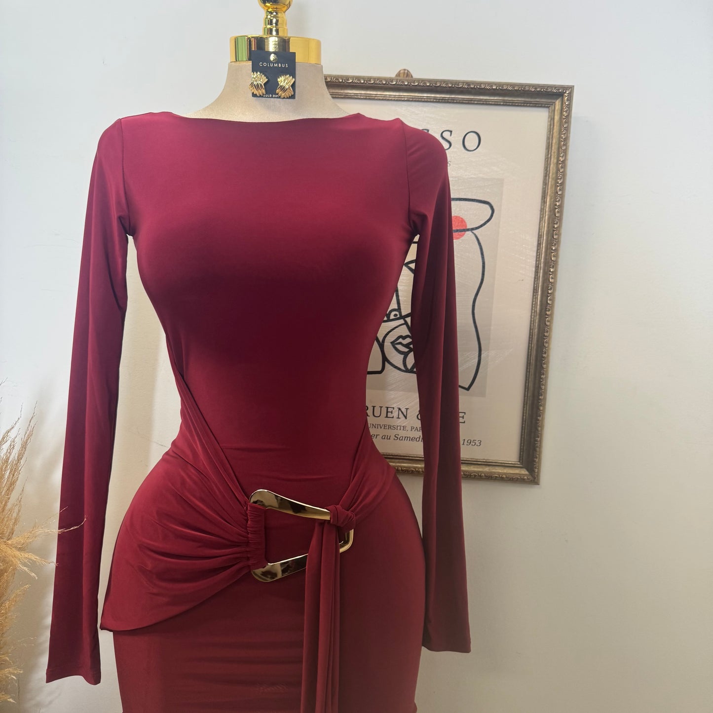 Long sleeve Drape Mini Dress-Burgundy