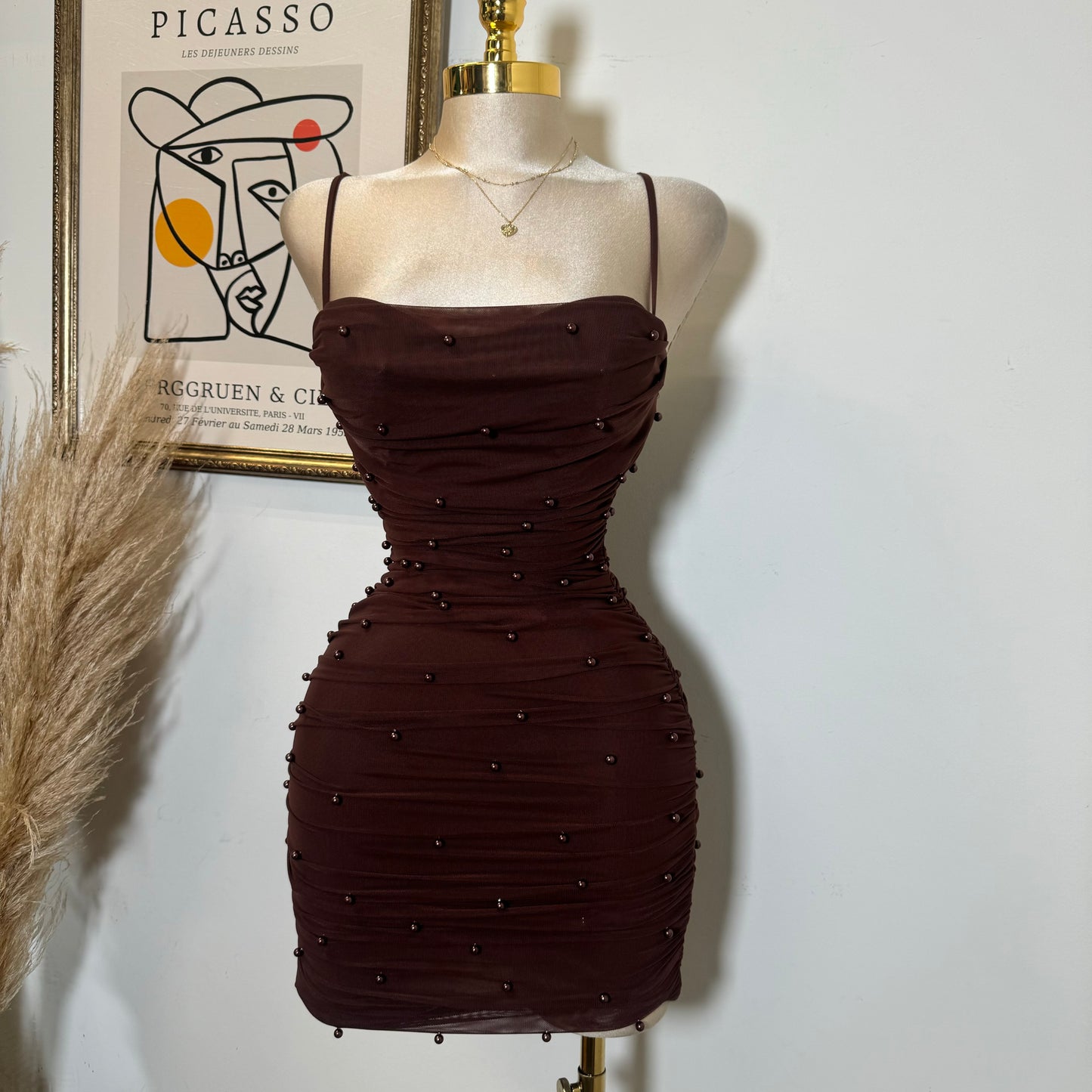 Pearl Mesh Ruched Sleeveless Mini Dress-Brown