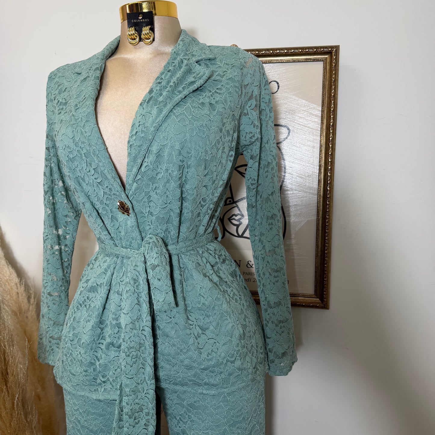 Lace blazer Pant Set -Sage Green