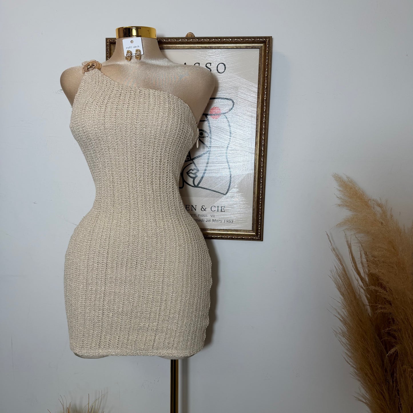 One shoulder Metallic Crochet Knit Mini Dress-Natural