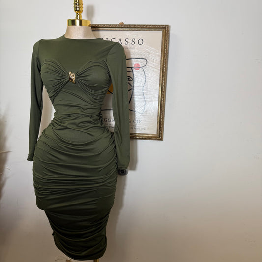 Long Sleeve Double Layered Midi Dress-Olive