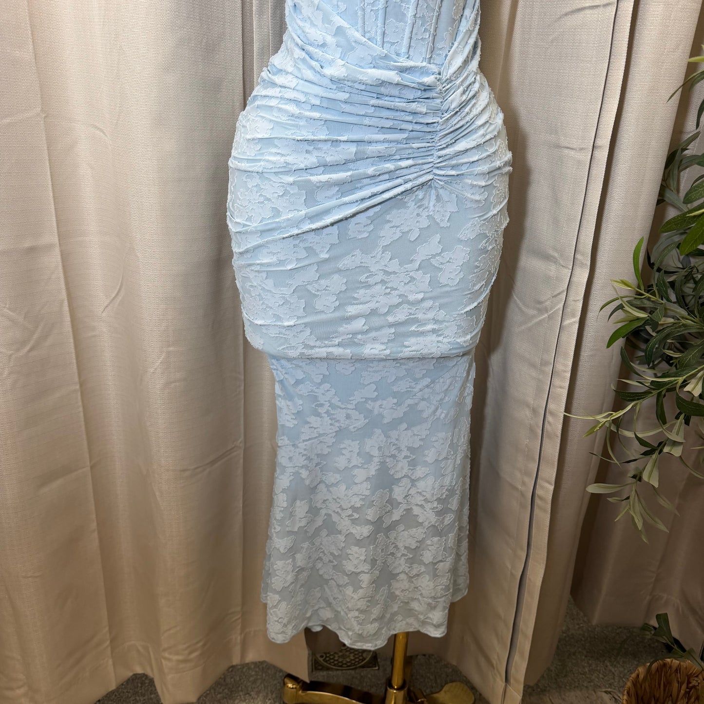Off Shoulder Ruched Maxi Dress-Baby Blue