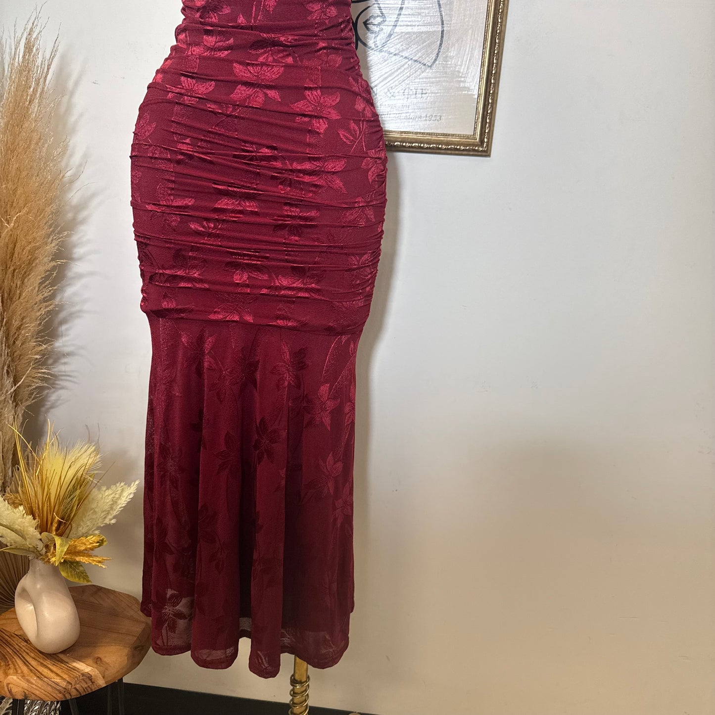 Trim accent Midi Dress-Wine