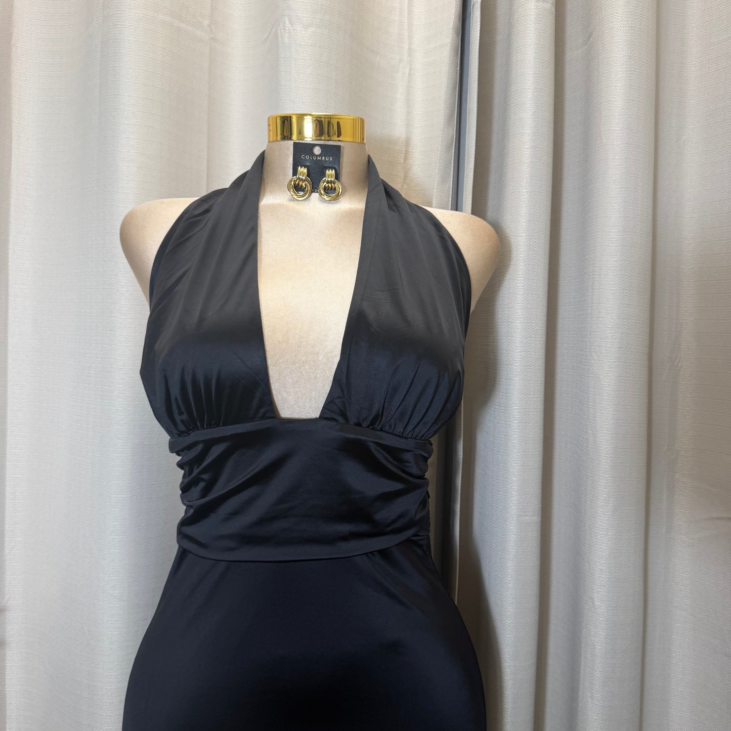 STRETCH SATIN KNIT OPEN BACK MIDI DRESS-Black