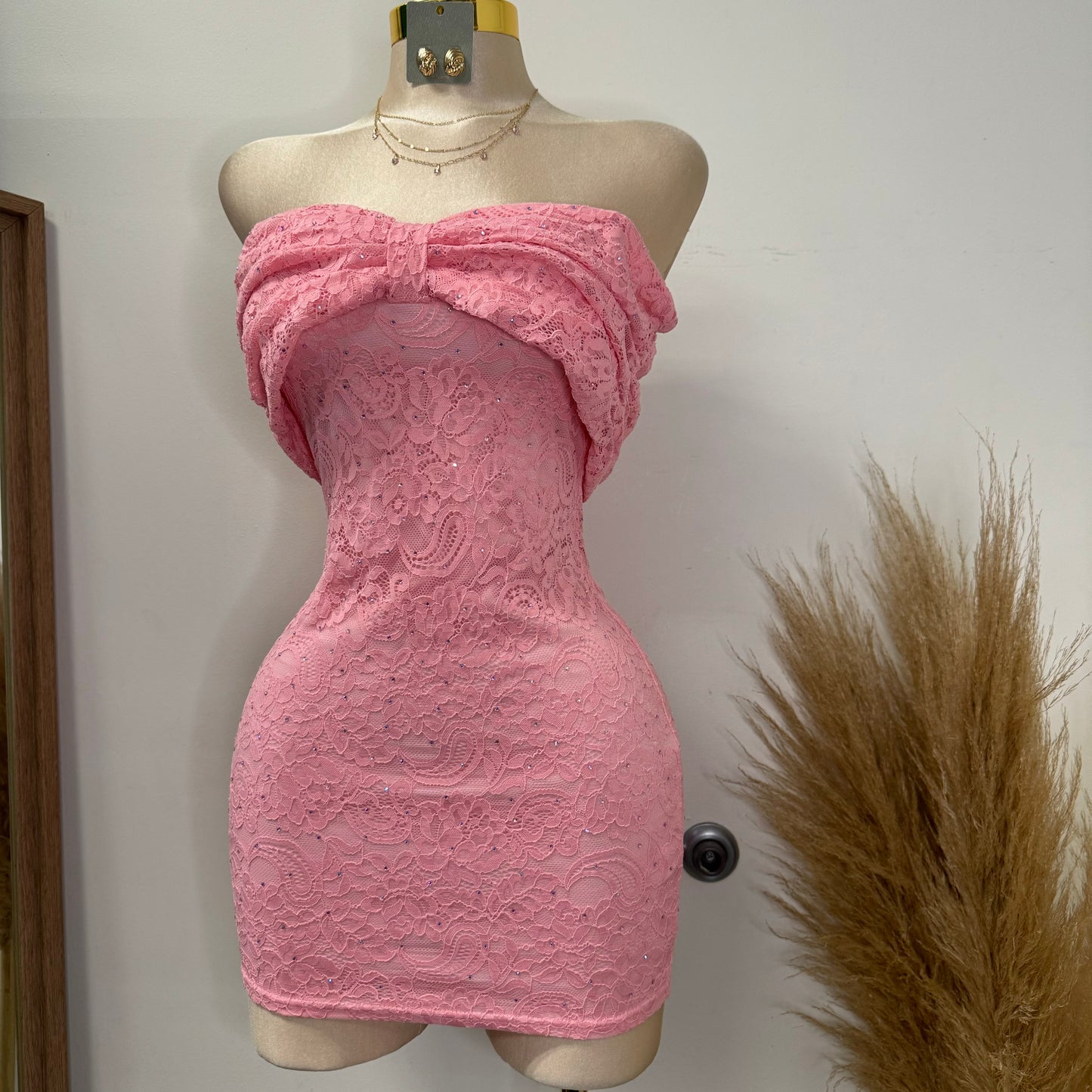 Bow Lace Rhinestone Dress-Pink