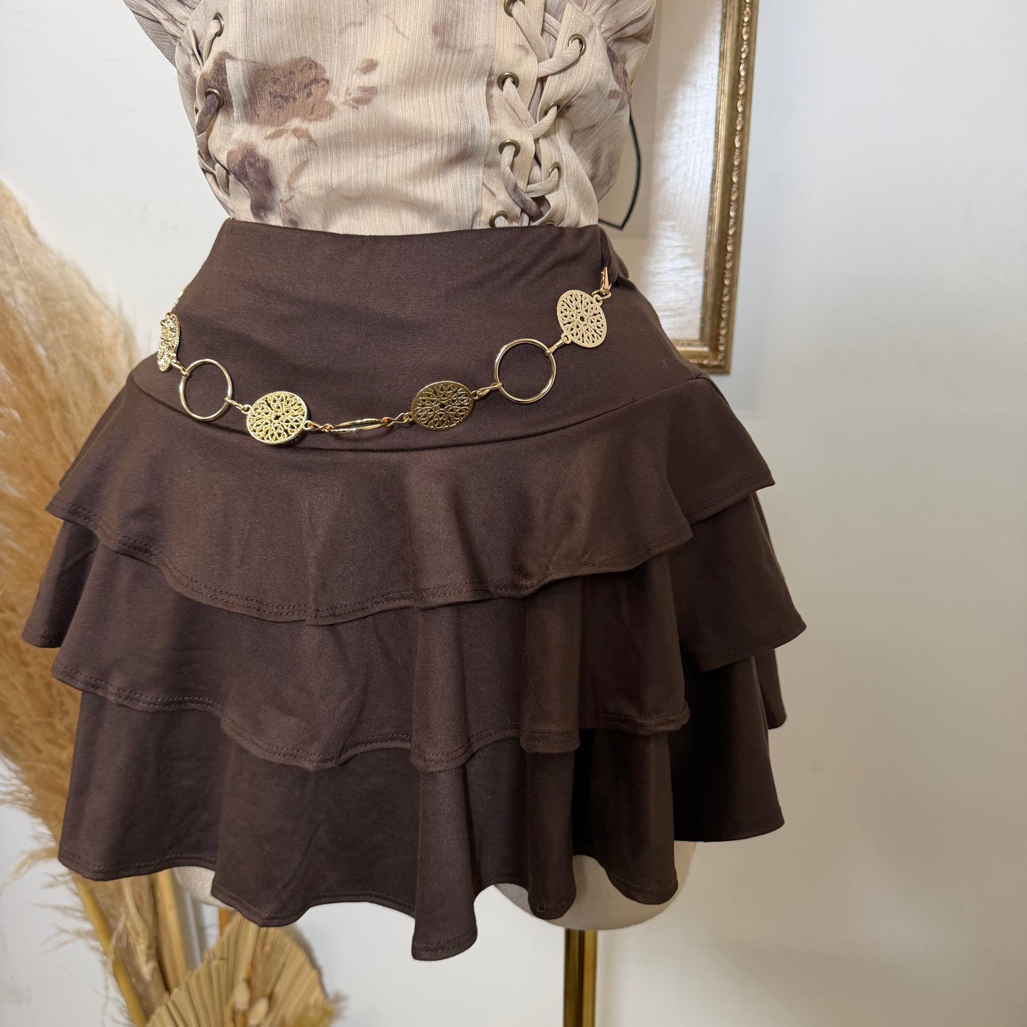 Metal Trim Ruffle Mini Skort-Brown