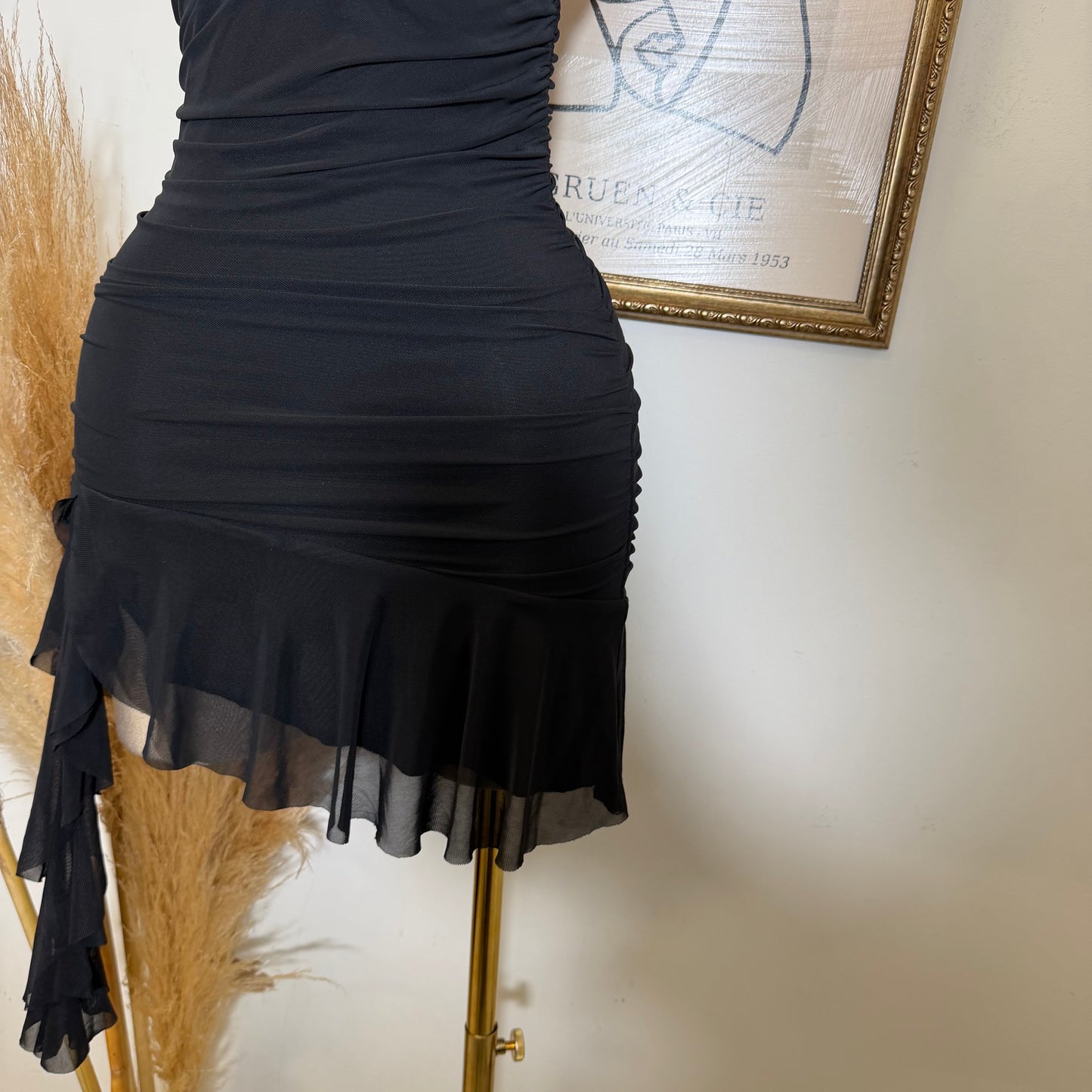 Asymmetrical Ruffle Mini Dress with Cross-Back Straps-Black