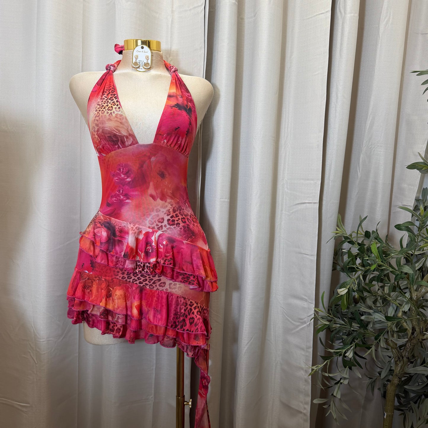 Floral Cheetah Halter Ruffle Asymmetrical Mini Dress-Pink