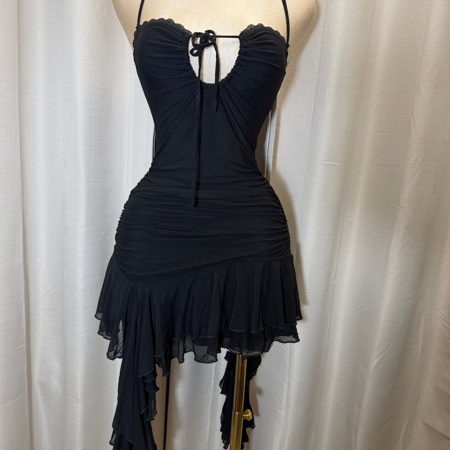 Flower Print Detail Mini Dress with Ruffle-Black