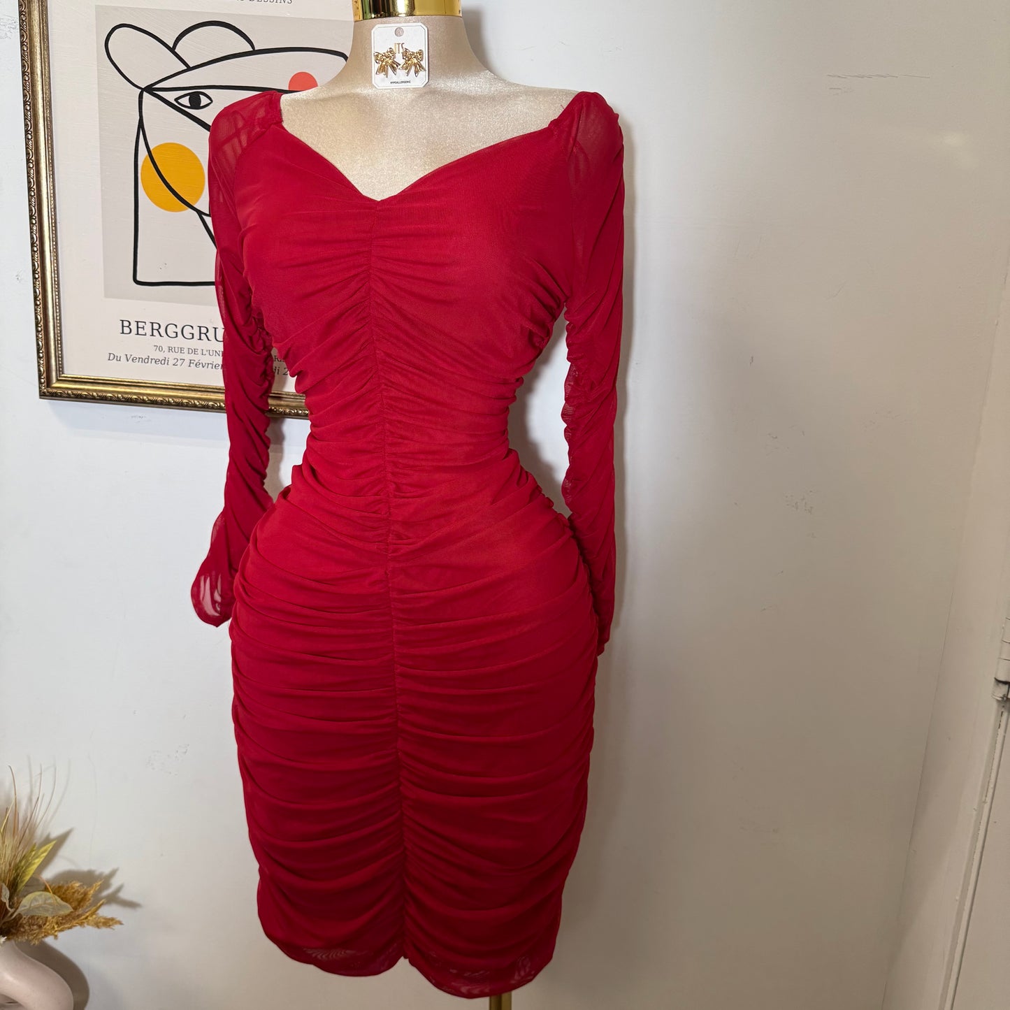 Ruched Off Shoulder Mesh Dress-Red