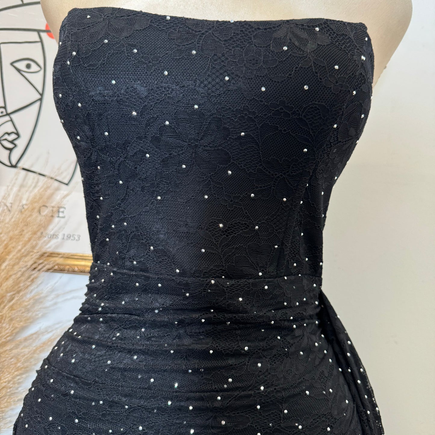 STUDD HOTFIX REGISTERED LACE STRAPLESS MINI BODYCON DRESS-Black