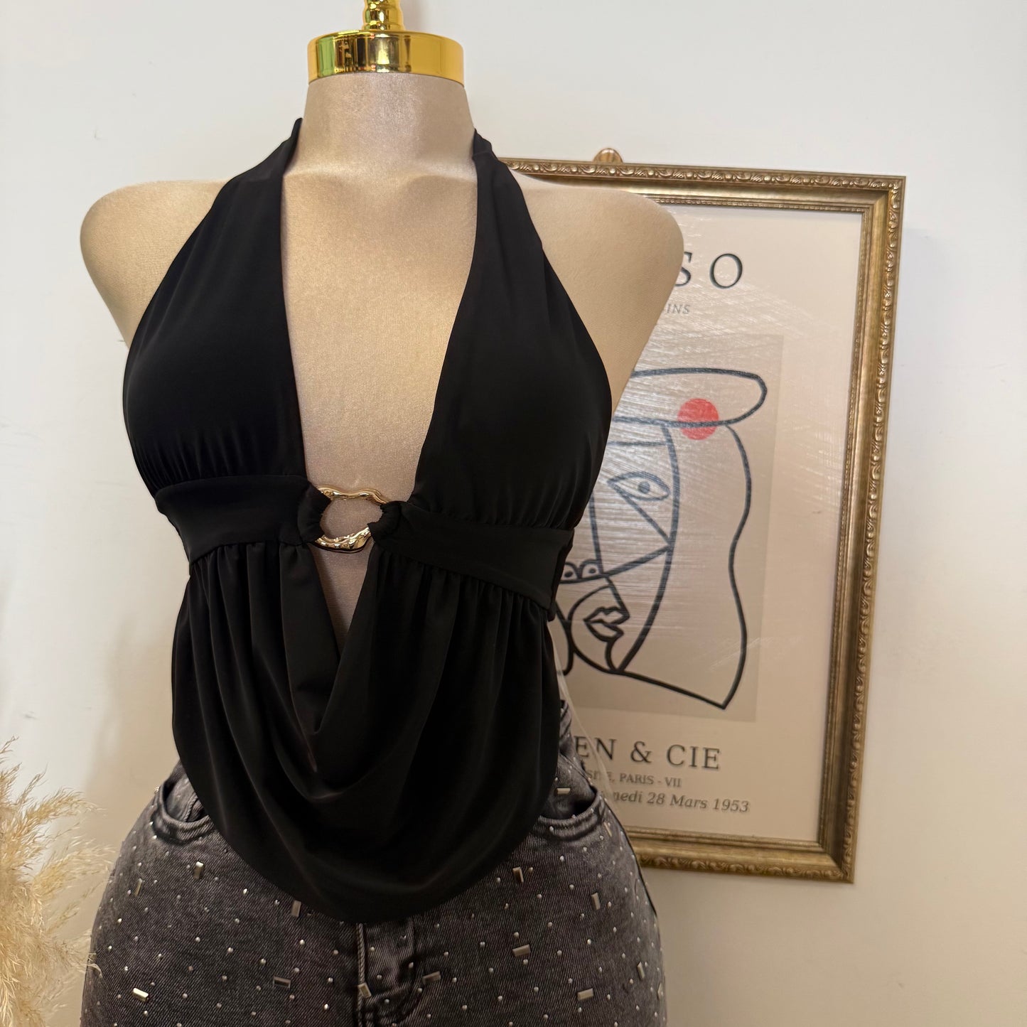 Halter cowl Neck Open Back Top-Black