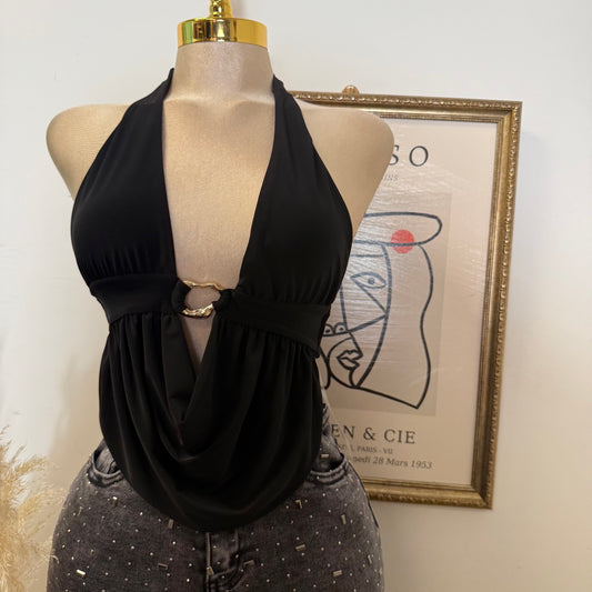 Halter cowl Neck Open Back Top-Black