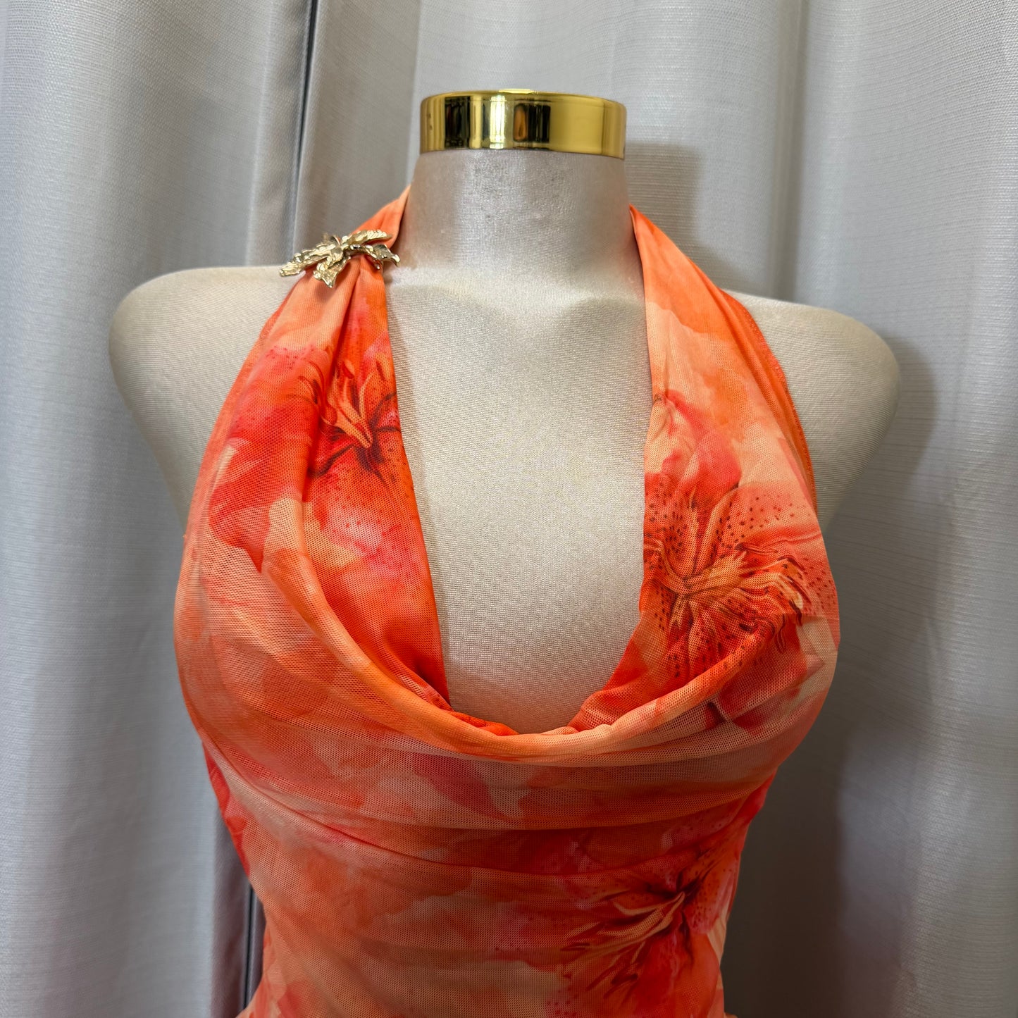 Halter Cowl Neck Flower Dress-Orange